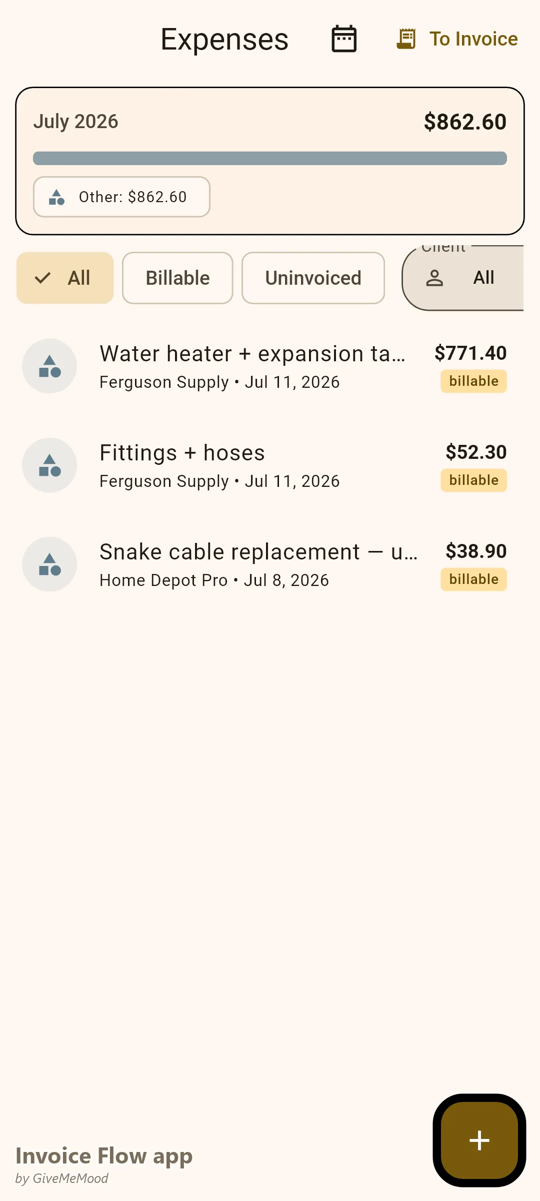 एक प्लंबर का Invoice Flow app खर्च ट्रैकर — हीटर और एक्सपेंशन टैंक, फिटिंग्स और होज़ और एक स्नेक केबल, काम के लिए बिल-योग्य
