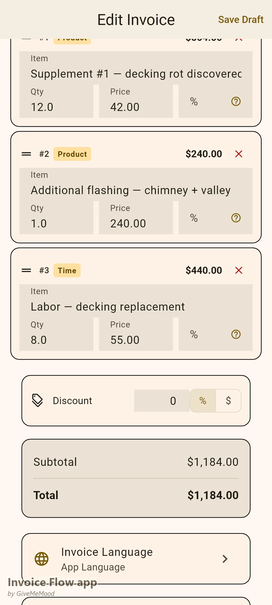 Invoice Flow app Nachtragsrechnung für einen Sturmschaden – bei der Abdeckung entdeckte verrottete Dachschalung, zusätzliche Verblechung und Mehrarbeit mit Schadennummer und Gutachter dokumentiert