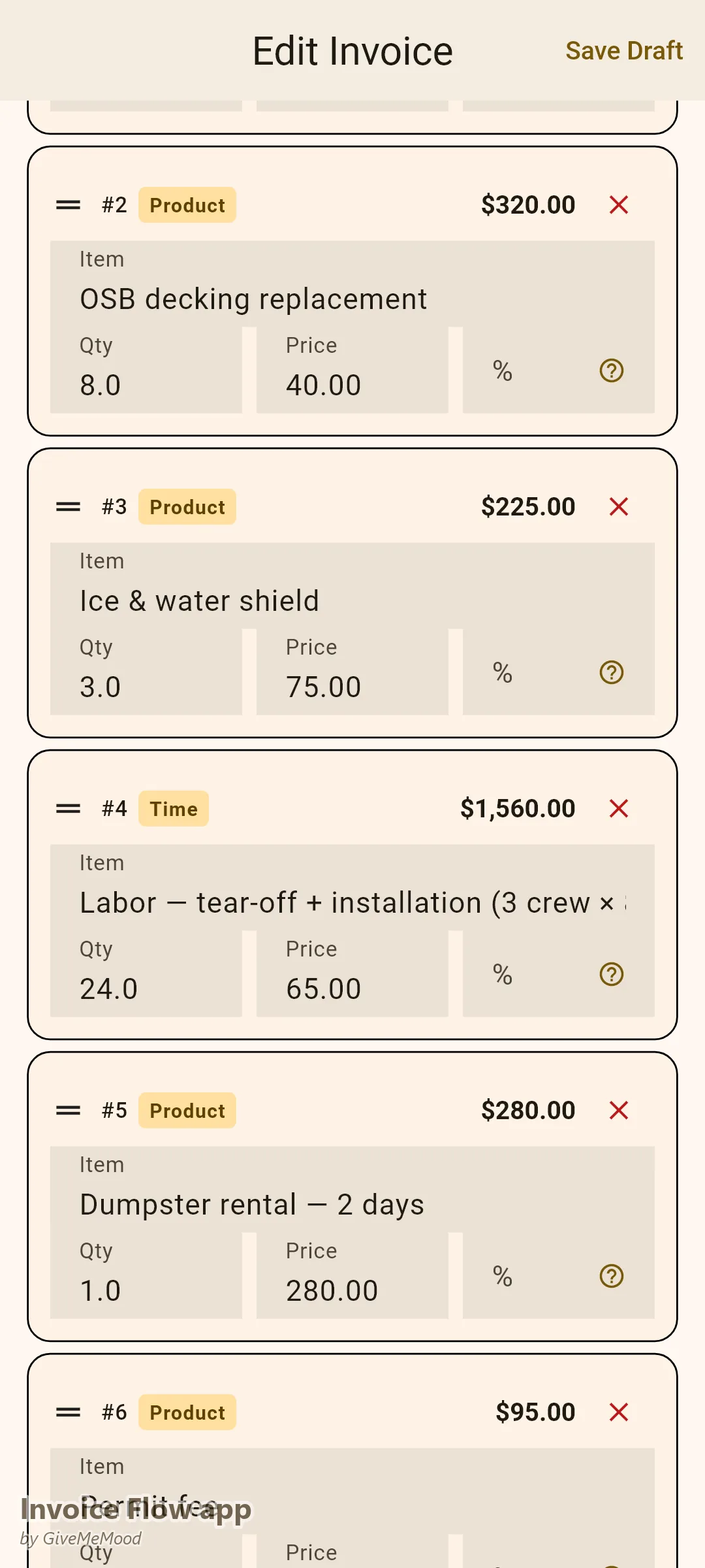 Invoice Flow app Rechnungseditor eines Dachdeckers — 45 Squares Architekturschindeln, Ersatz der Schalung, Eis- und Wassersperre, Kolonnenarbeit, Container und Genehmigung