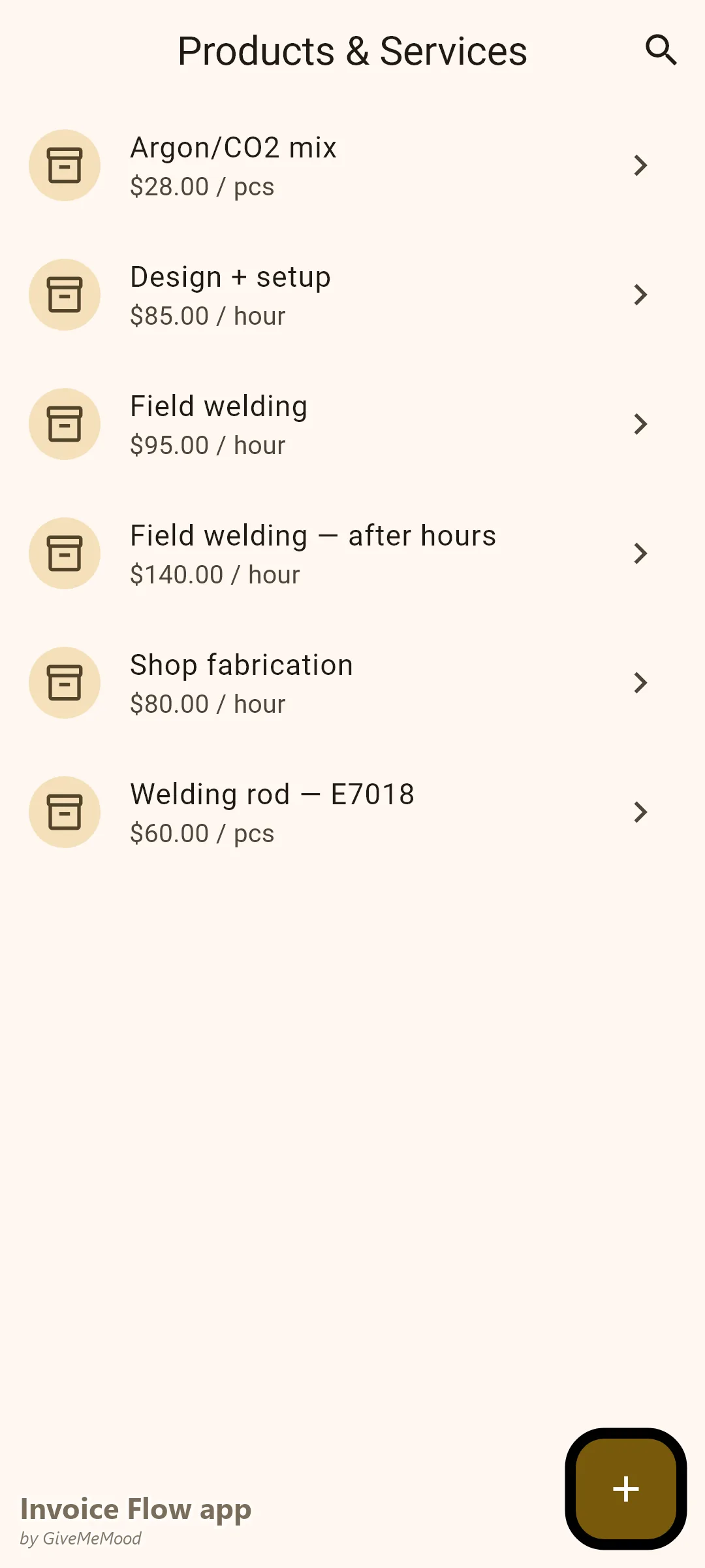 Invoice Flow app Produktübersicht eines Schweißbetriebs — Feldschweißen, Werkstattfertigung und Sätze außerhalb der Geschäftszeiten plus Preise für Elektroden, Gas und Konstruktions-Setup