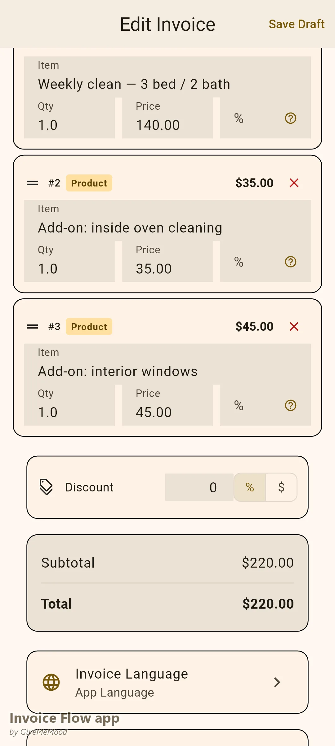 Invoice Flow app Rechnungseditor einer Reinigungskraft — die wöchentliche Standardreinigung plus Backofen-Innen- und Fenster-Innenreinigung als separate Positionen