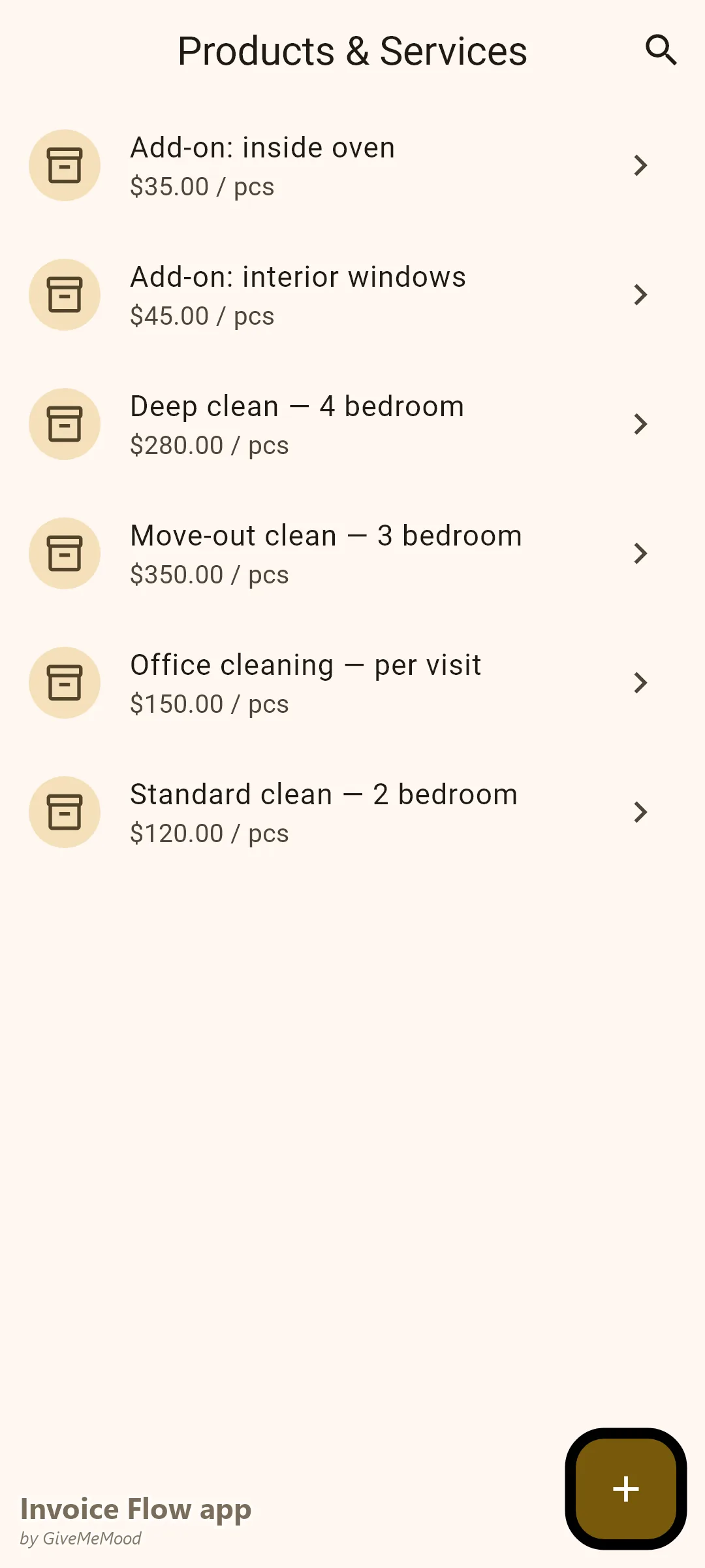 Invoice Flow app Produktbildschirm eines Reinigungsunternehmens – Standard- und Grundreinigungen, Büroeinsätze, Auszugs-Pauschalen und Zusatzleistungen, einmal bepreist