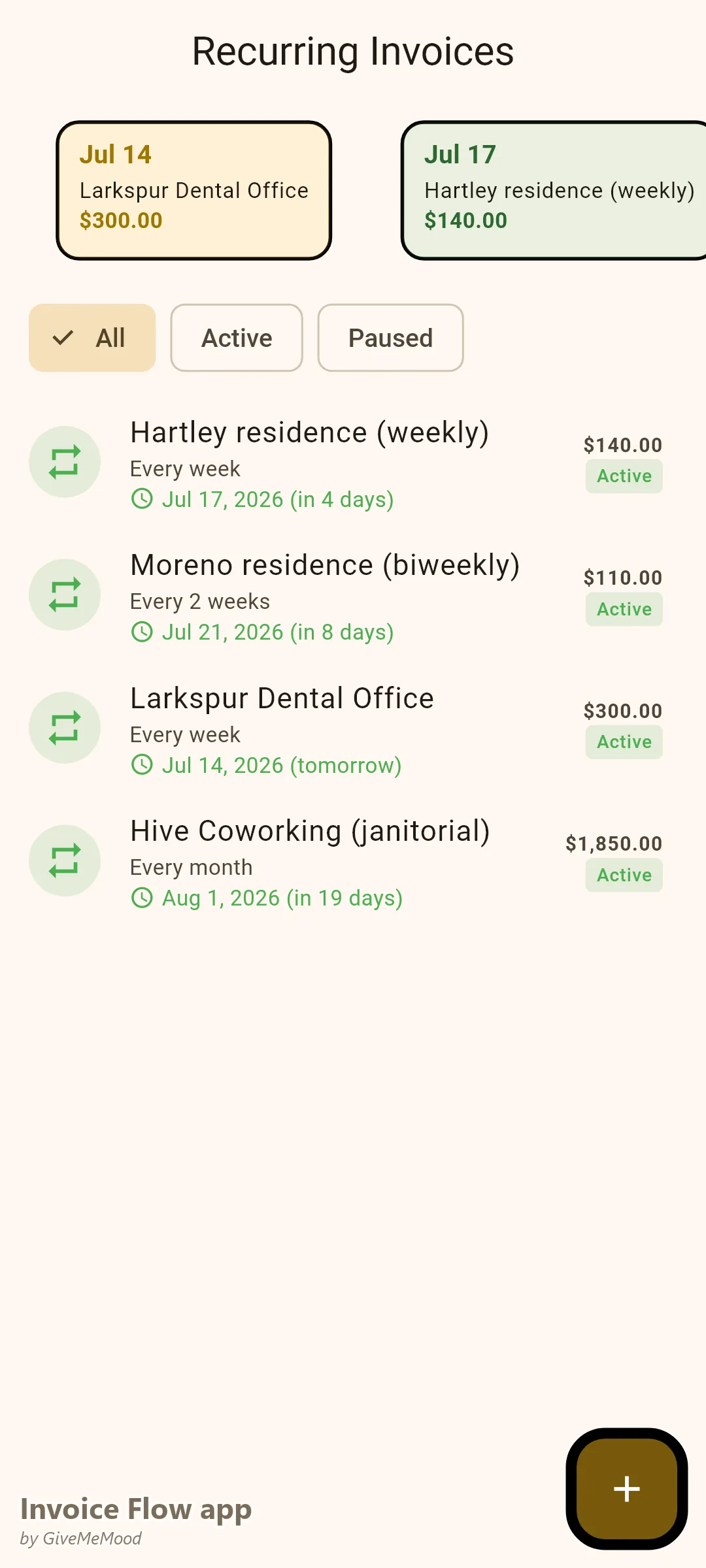 Wiederkehrende Rechnungen eines Reinigungsbetriebs in der Invoice Flow app – wöchentliche und zweiwöchentliche Haushalte, ein Zahnarztbüro zweimal pro Woche und ein monatlicher Gebäudereinigungsvertrag, automatisch abgerechnet