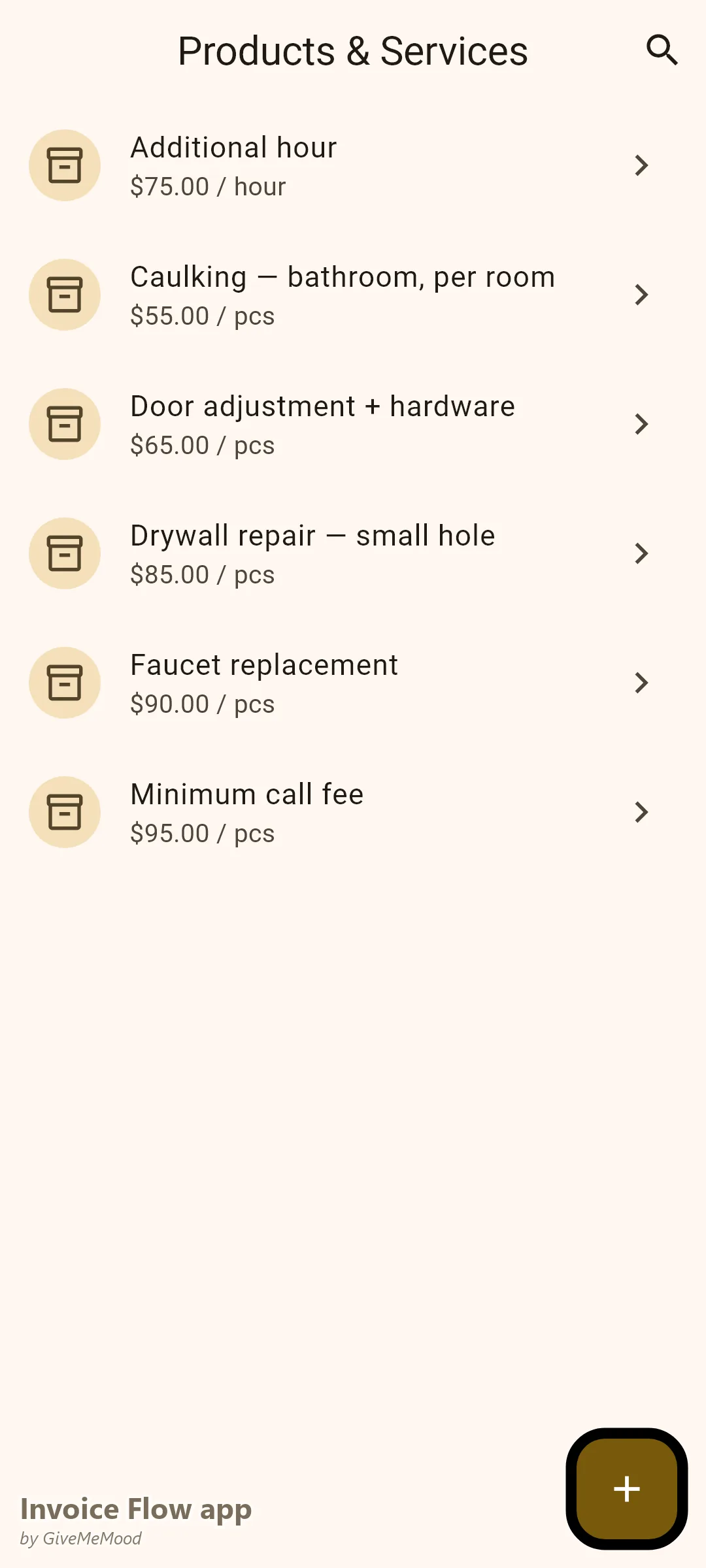 Invoice Flow app produktskærm for en altmuligmand — minimumsudkaldsgebyr, timepris, gipsreparation, udskiftning af vandhane, dørjustering og fugning