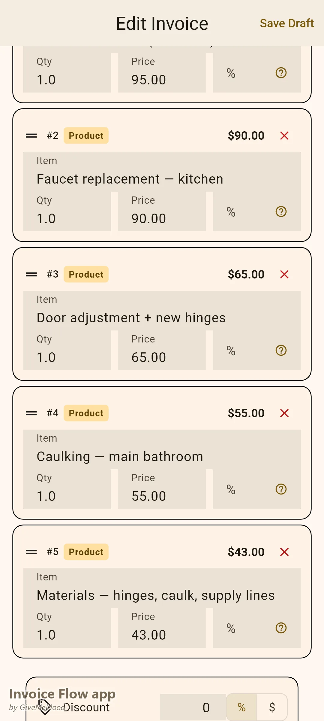 Invoice Flow app-fakturaeditor for en altmuligmand — udkaldsgebyr, udskiftning af køkkenhane, dørhængsler, badeværelsesfugning og småmaterialer