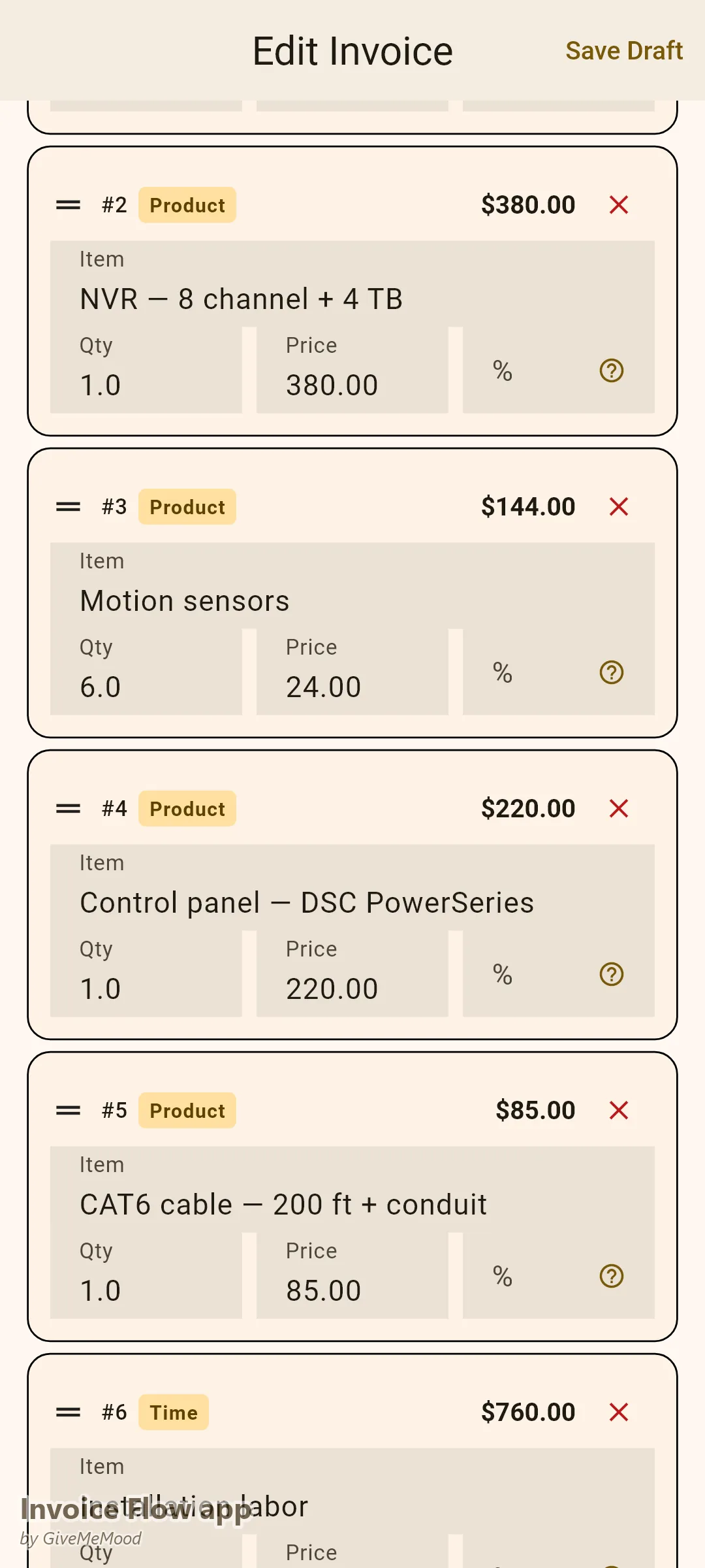Invoice Flow app fakturaeditor for en sikkerhedsinstallatør — fire 4K-kameraer, NVR, sensorer, kontrolpanel, kabling og 8 timers arbejde med serienumre og garanti i tilpassede felter