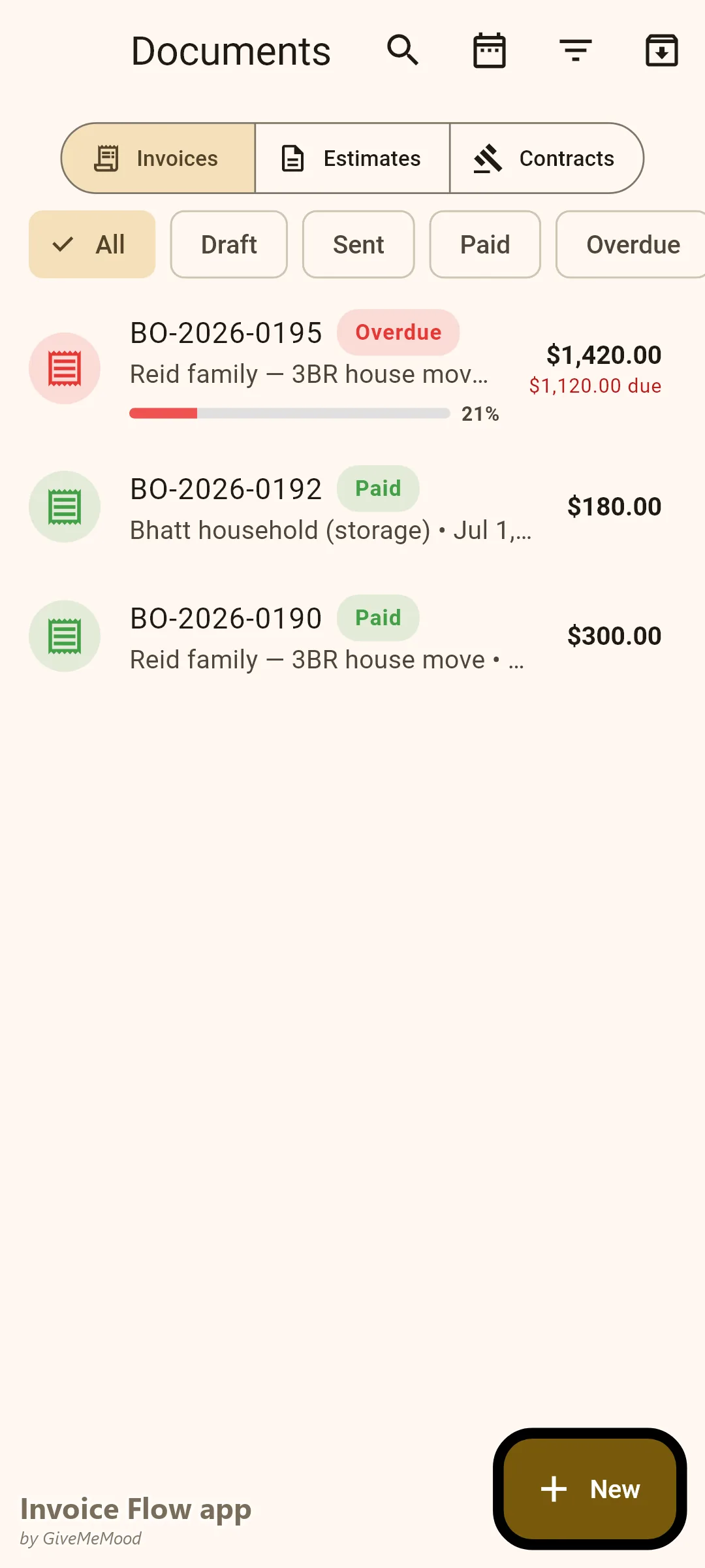 एक मूविंग कंपनी के Invoice Flow app दस्तावेज़ — डिपॉज़िट भुगतान वाला एक घर का मूव, एक ऑफिस रीलोकेशन कोट भेजा गया और मासिक स्टोरेज इनवॉइस