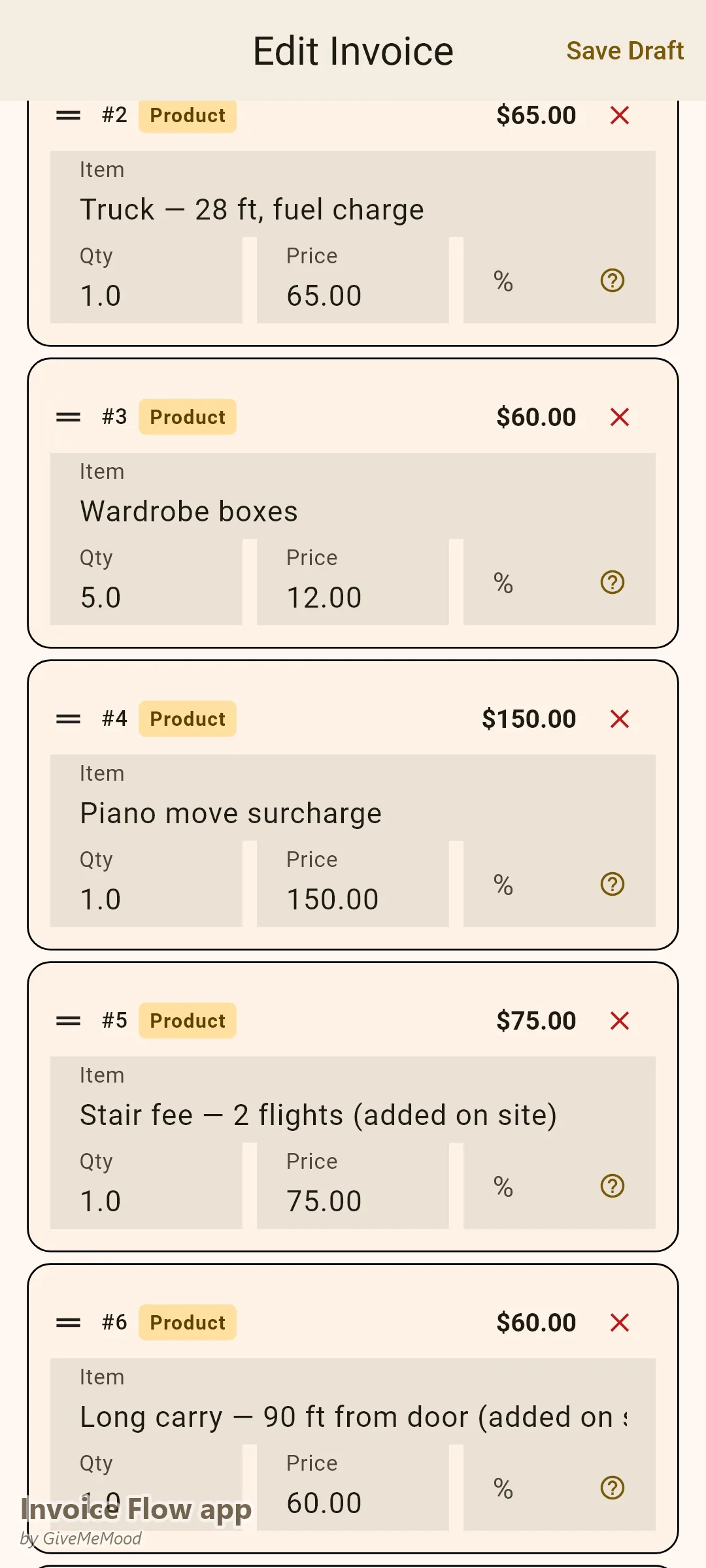 एक मूविंग कंपनी का Invoice Flow app invoice editor — 3-सदस्यीय क्रू घंटे, ट्रक ईंधन, वॉर्डरोब बॉक्स, एक पियानो सरचार्ज और ऑन-साइट सीढ़ी व लॉन्ग-कैरी शुल्क, डिपॉज़िट दर्ज के साथ