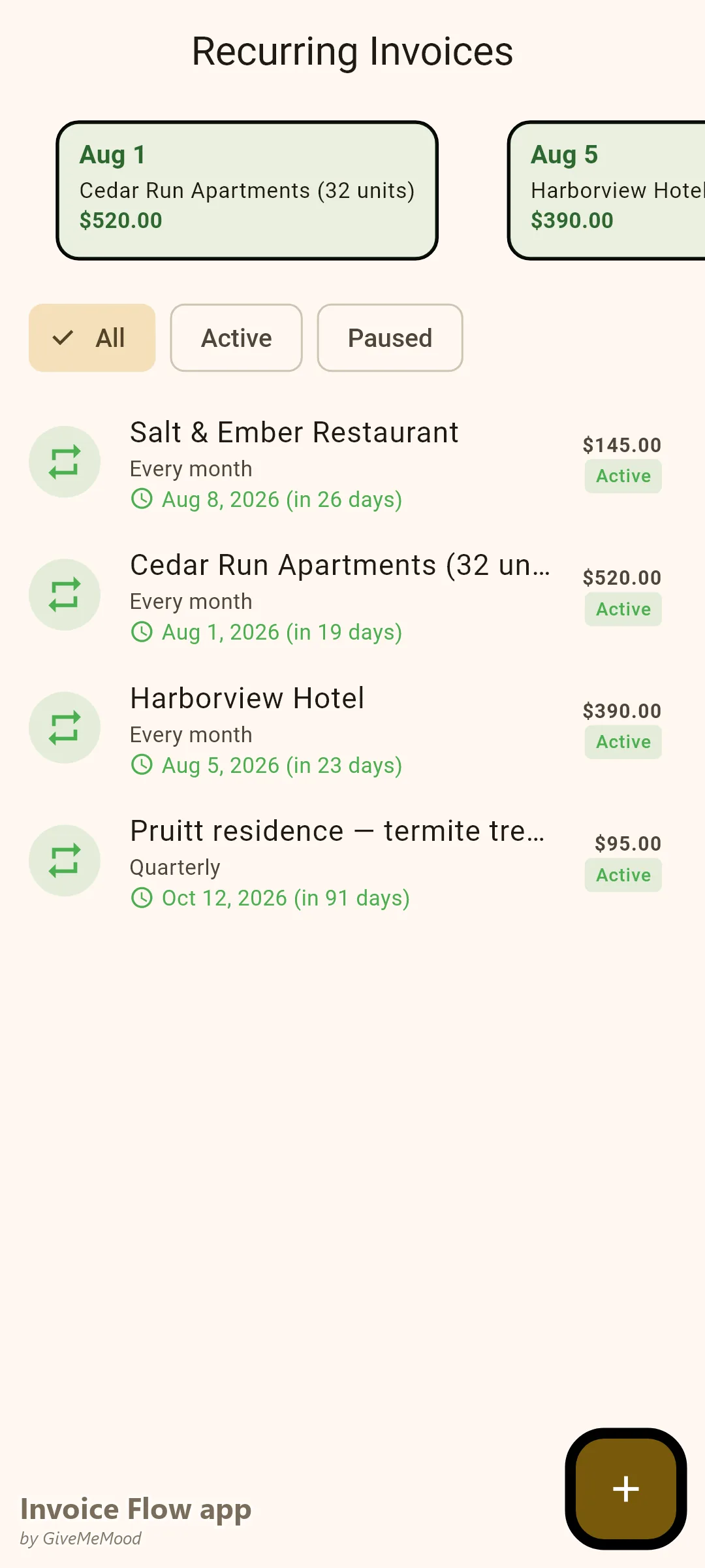 Invoice Flow app-tilbagevendende fakturaer for en skadedyrsbekæmpelsesvirksomhed — månedlige programmer for restaurant, lejlighed og hotel plus en kvartalsvis termitforebyggelsesplan