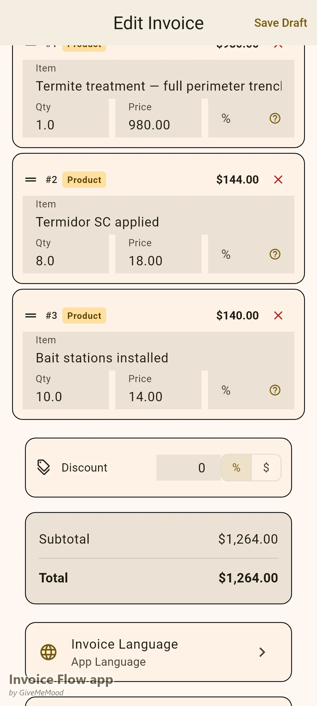 Invoice Flow app fakturaeditor for et skadedyrsbekæmpelsesfirma — termitbehandling af perimeter, kemikalier pr. ounce og lokkestationer med behandlingsdetaljer og garanti dokumenteret