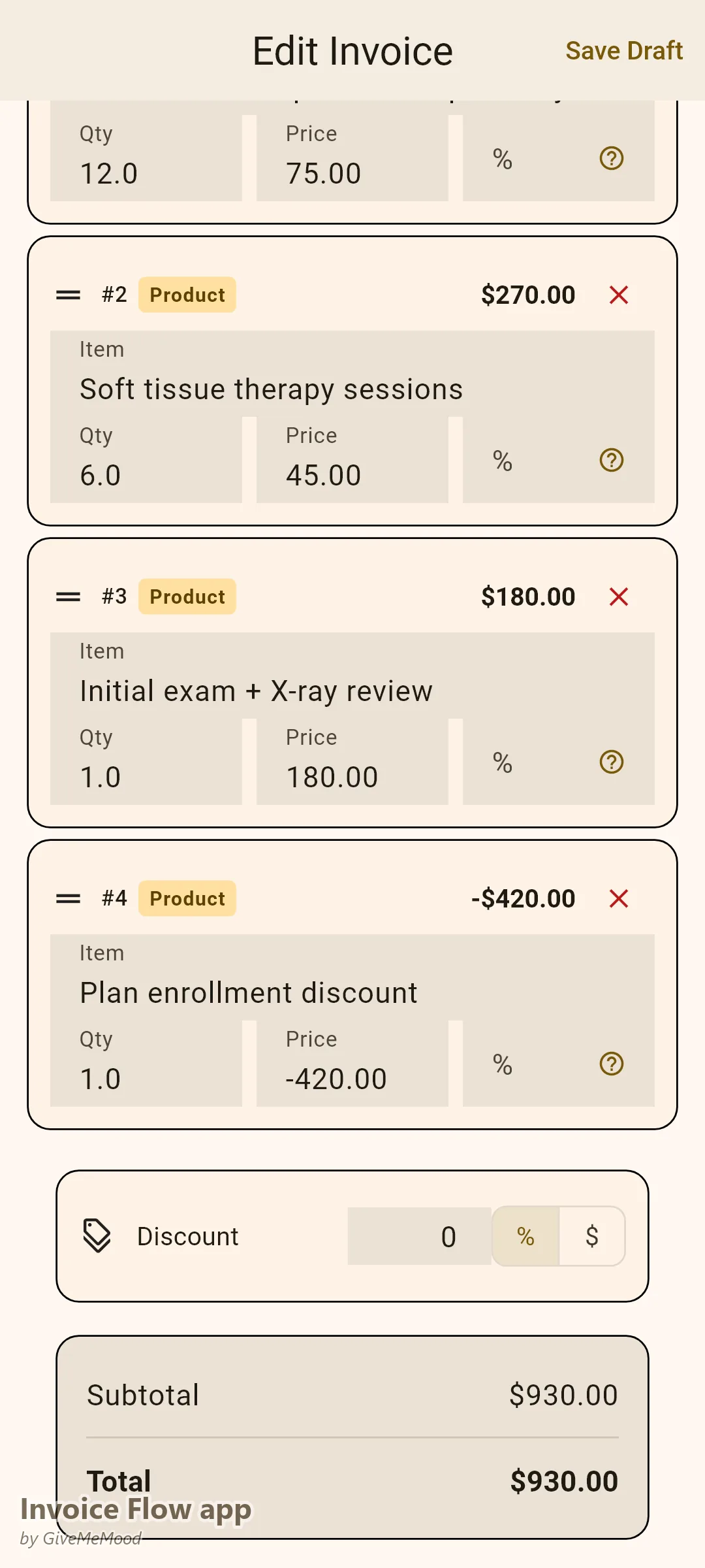 Editor faktur v Invoice Flow app pro chiropraktika na přímou platbu — 12 úprav, terapeutická sezení, vstupní vyšetření a sleva za zápis s doloženým NPI a způsobilostí HSA
