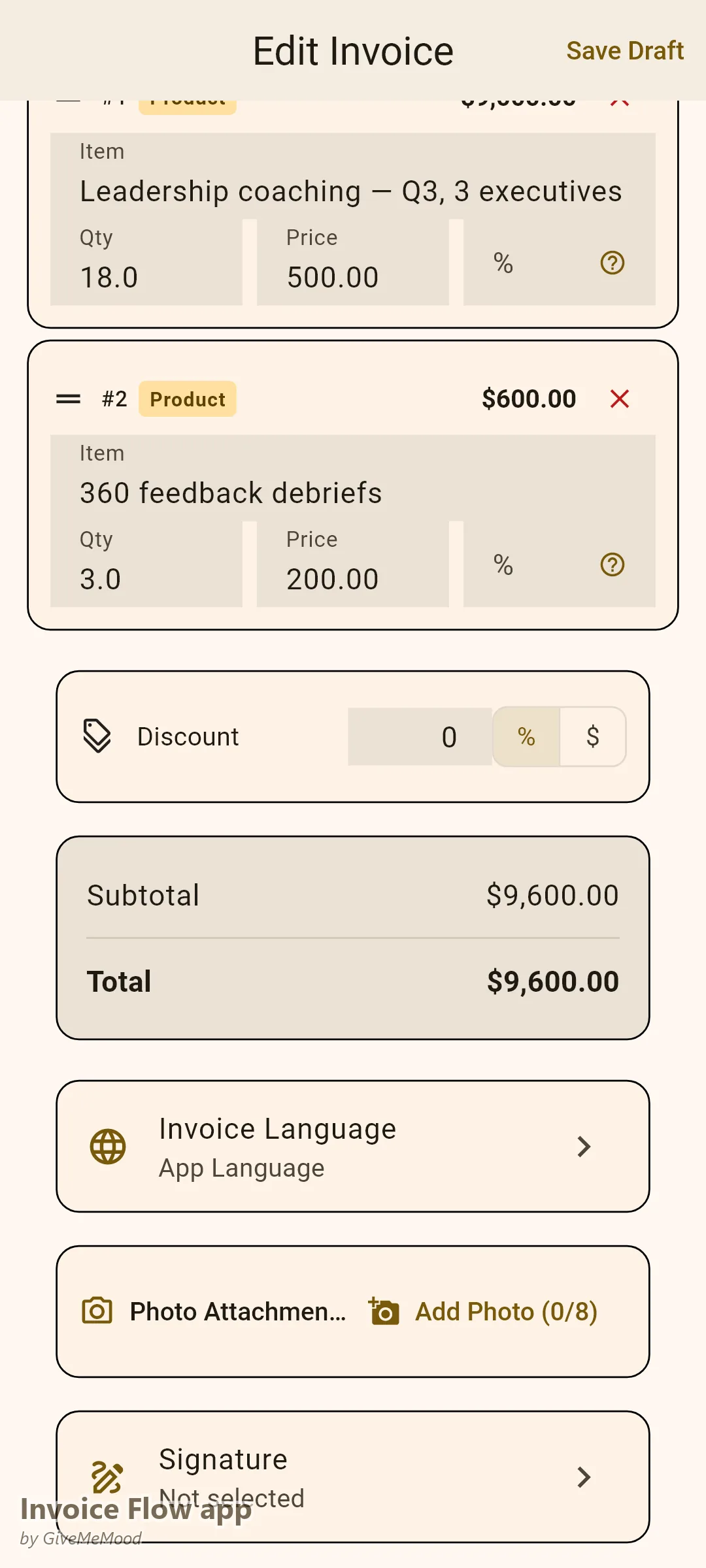 एक लाइफ कोच का Invoice Flow app इनवॉइस एडिटर — तीन एग्ज़िक्यूटिव के लिए एक Q3 लीडरशिप प्रोग्राम, प्रति-सेशन मूल्य और 360 डीब्रीफ के साथ, कस्टम फील्ड में प्रोजेक्ट कोड