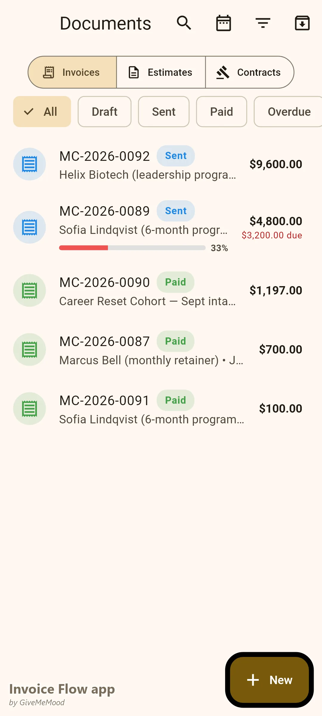 एक कोचिंग प्रैक्टिस का Invoice Flow app documents — पहली किस्त भुगतान के साथ एक 6-महीने का प्रोग्राम, एक भेजा गया कॉर्पोरेट एंगेजमेंट, एक भुगतान किया ग्रुप कोहॉर्ट और एक भुगतान की गई डिस्कवरी सेशन