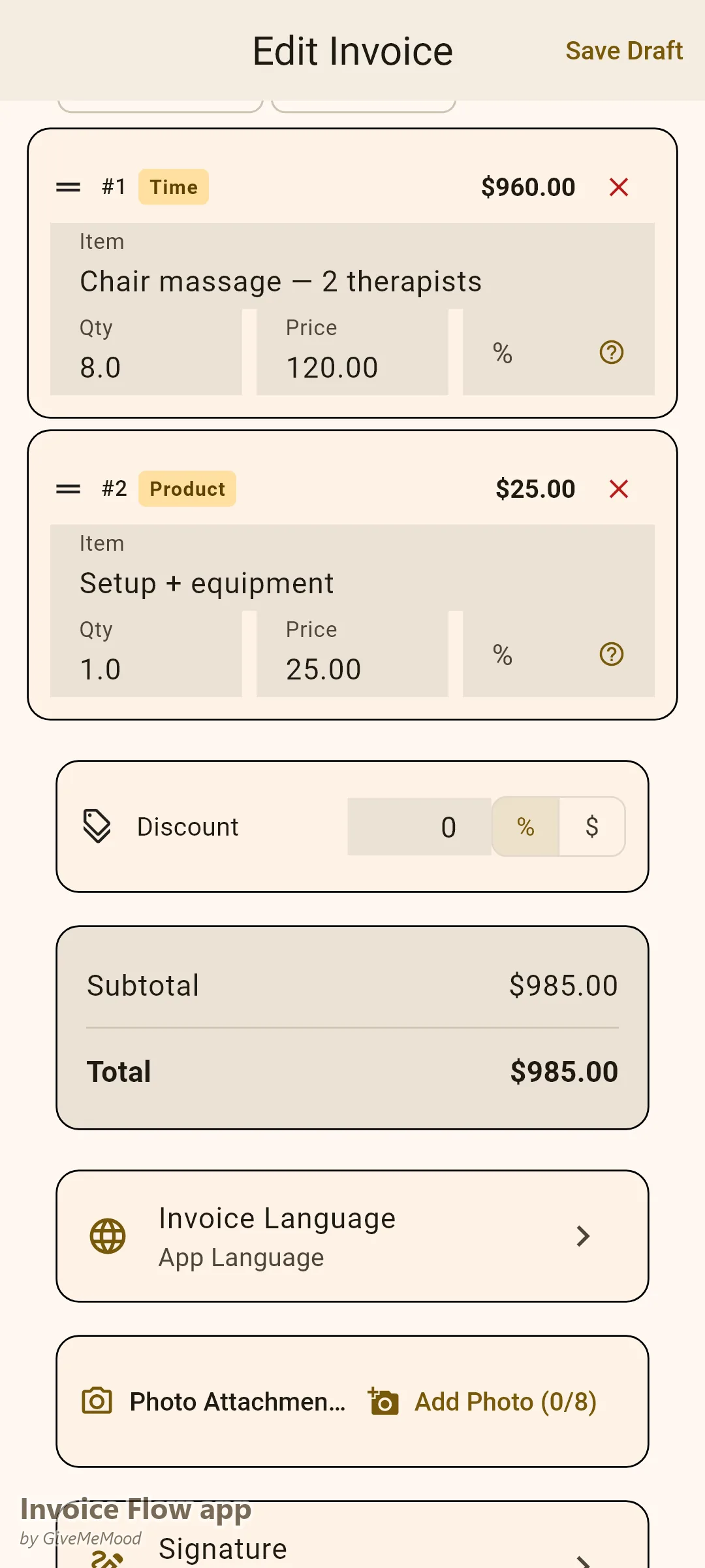 Редактор на фактури в Invoice Flow app на масажист — двама терапевти на почасова корпоративна ставка плюс подготовка с детайли за събитието в персонализирани полета