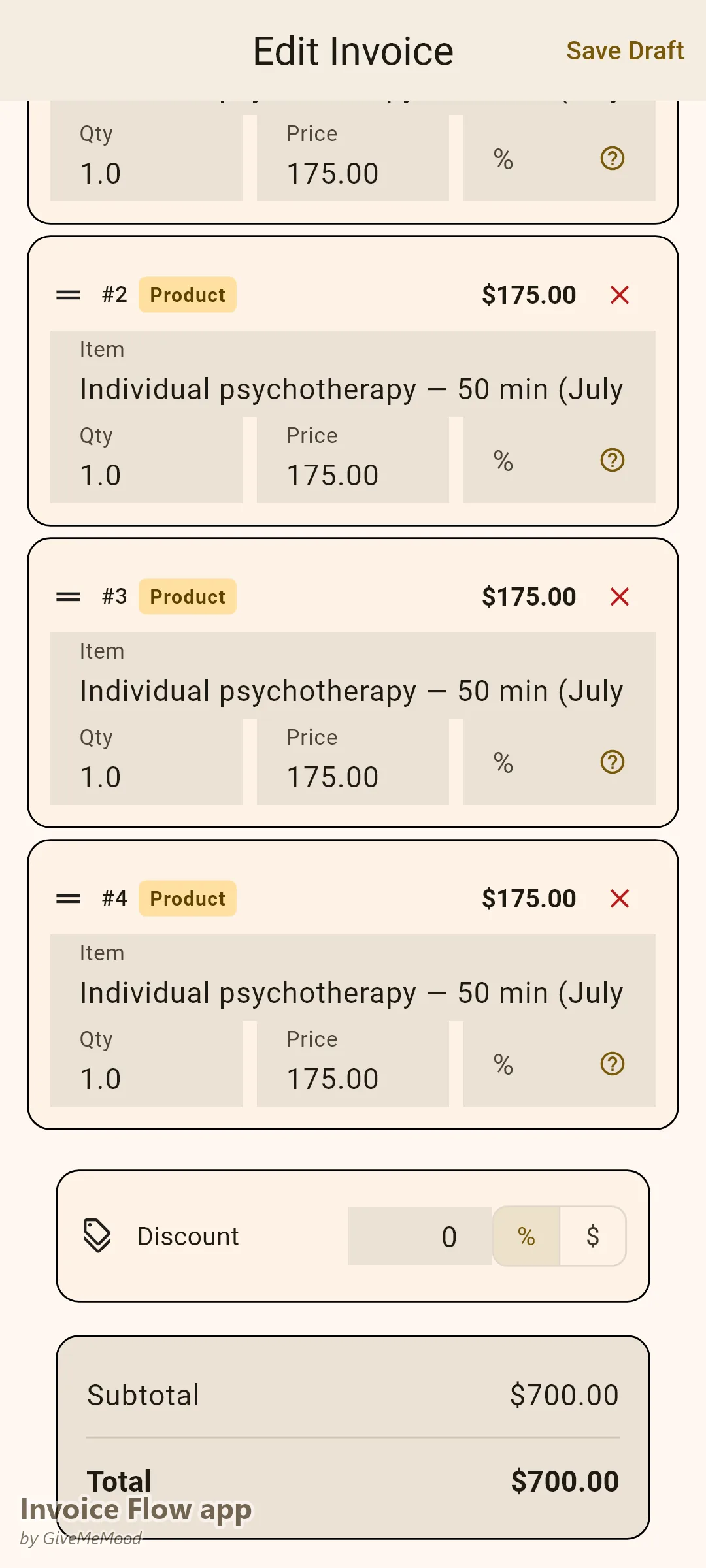 Invoice Flow app fakturaredigerare för en terapeut i privat praktik — fyra daterade 50-minuters psykoterapisessioner på ett underlag med NPI, licens och CPT-referens