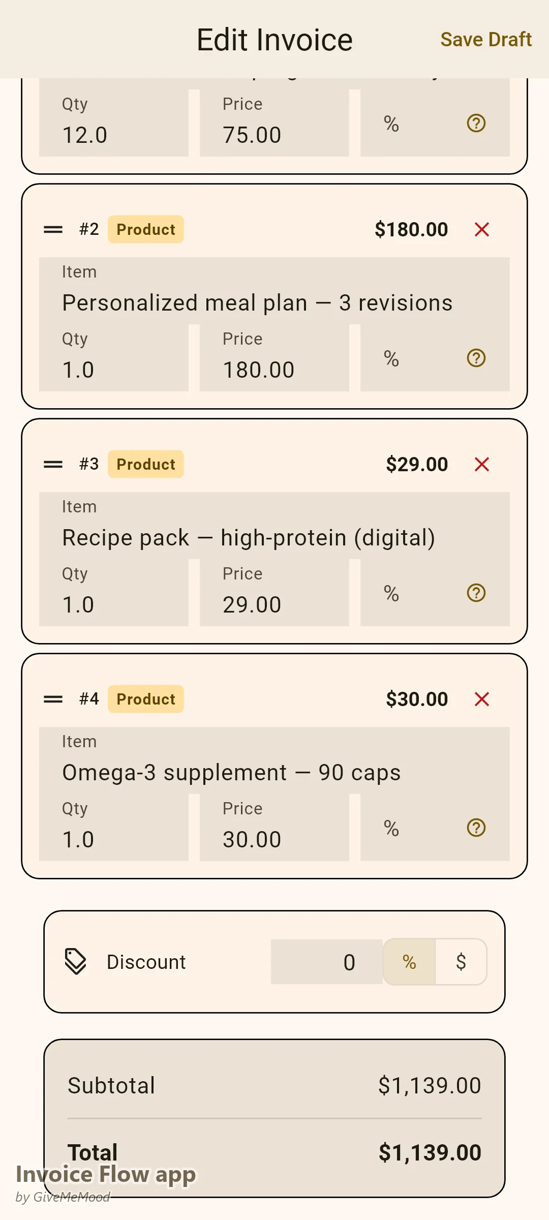 Editor faktury v aplikaci Invoice Flow app u nutričního specialisty — dvanáct týdenních konzultací, personalizovaný jídelníček, digitální balíček receptů a doplněk se zdokumentovaným splátkovým kalendářem