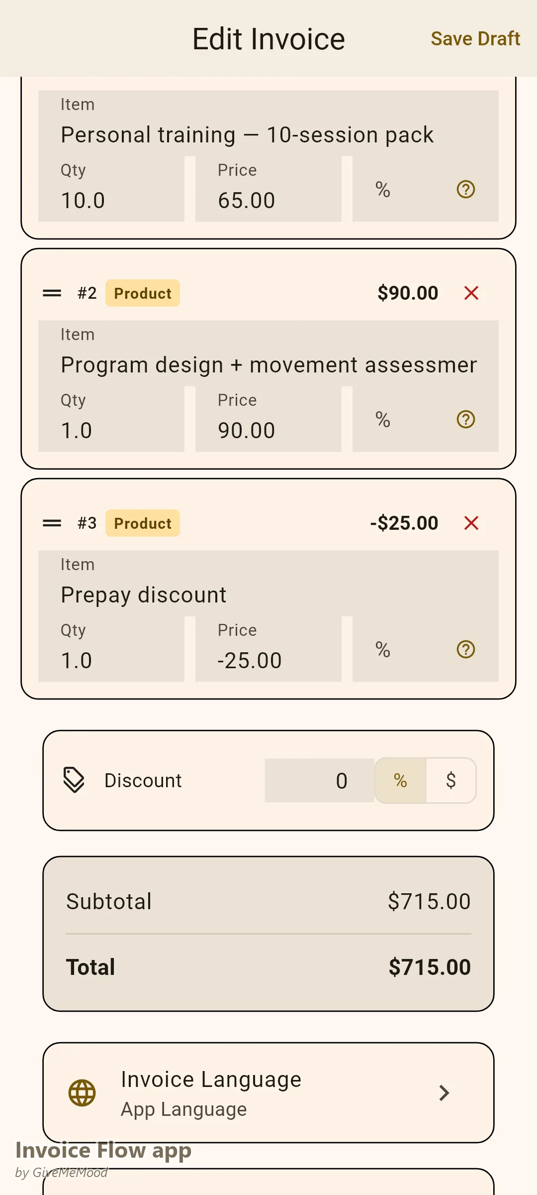 Editor faktur osobního trenéra v aplikaci Invoice Flow — balíček 10 relací, pohybové vyšetření a sleva za platbu předem se zdokumentovanou platností a storno podmínkami