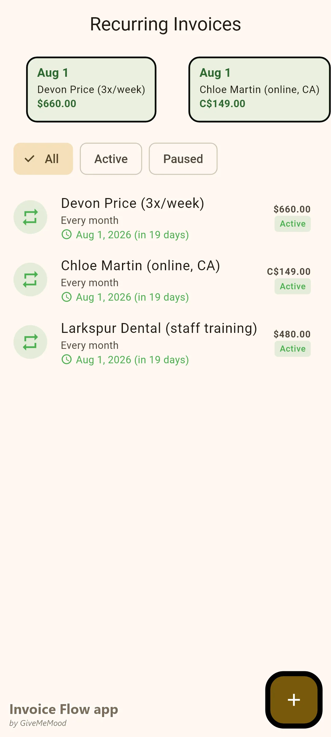 Opakované faktury v aplikaci Invoice Flow app u trenéra — předplatné 3x týdně, online koučink v CAD a týdenní firemní skupinové sezení
