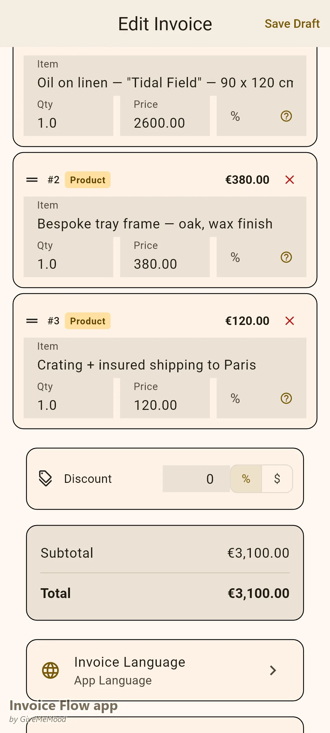 Επεξεργαστής τιμολογίων της εφαρμογής Invoice Flow app ενός πωλητή τέχνης — ένα λάδι σε λινό με τίτλο, διαστάσεις και έτος, μια εξατομικευμένη κορνίζα και ασφαλισμένη συσκευασία προς Παρίσι σε EUR με προέλευση και COA σε προσαρμοσμένα πεδία