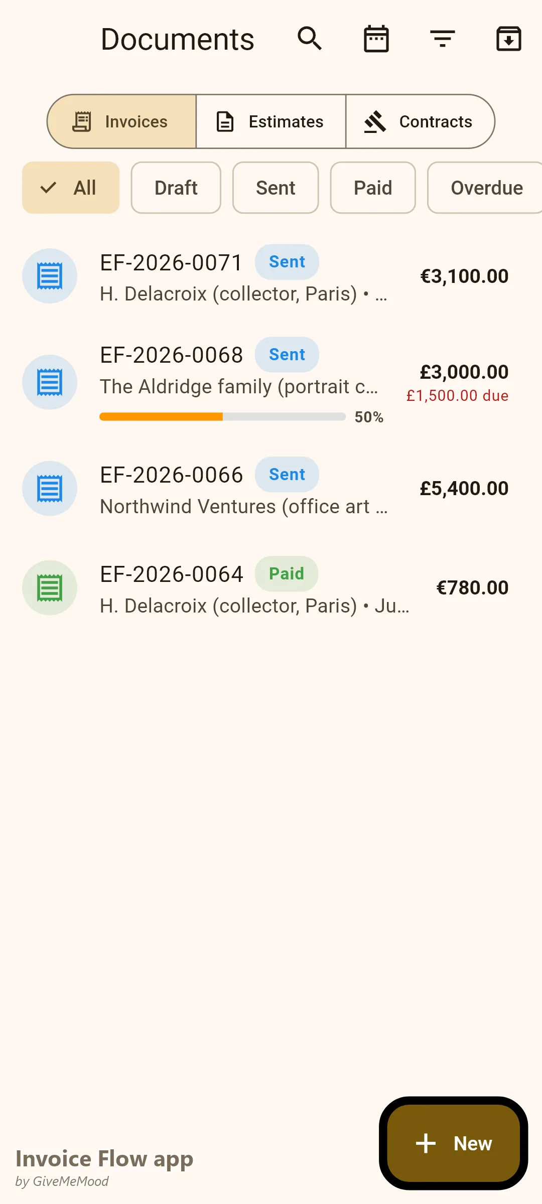 Έγγραφα της εφαρμογής Invoice Flow ενός πωλητή τέχνης — μια πώληση πρωτότυπου σε συλλέκτη του Παρισιού, μια παραγγελία πορτραίτου με πληρωμένη προκαταβολή, μια εταιρική παραγγελία τέχνης γραφείου και μια πληρωμένη πώληση εκτύπωσης