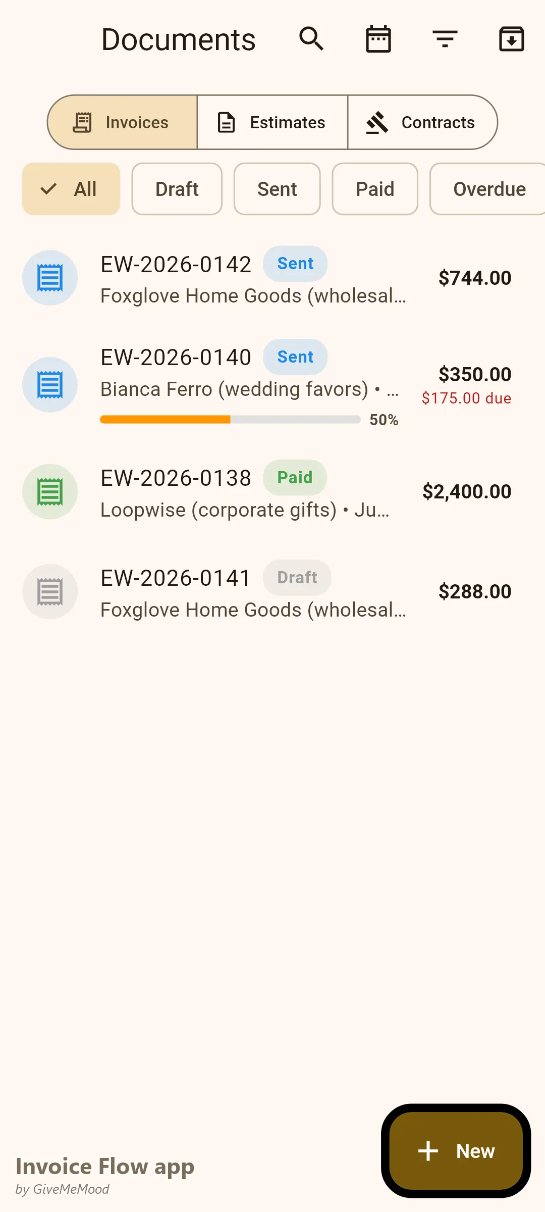 مستندات تطبيق Invoice Flow لبائع منتجات يدوية — طلب شموع بالجملة، وطلب هدايا زفاف مخصص بعربون، وطلب هدايا شركات مدفوع، ومسودة