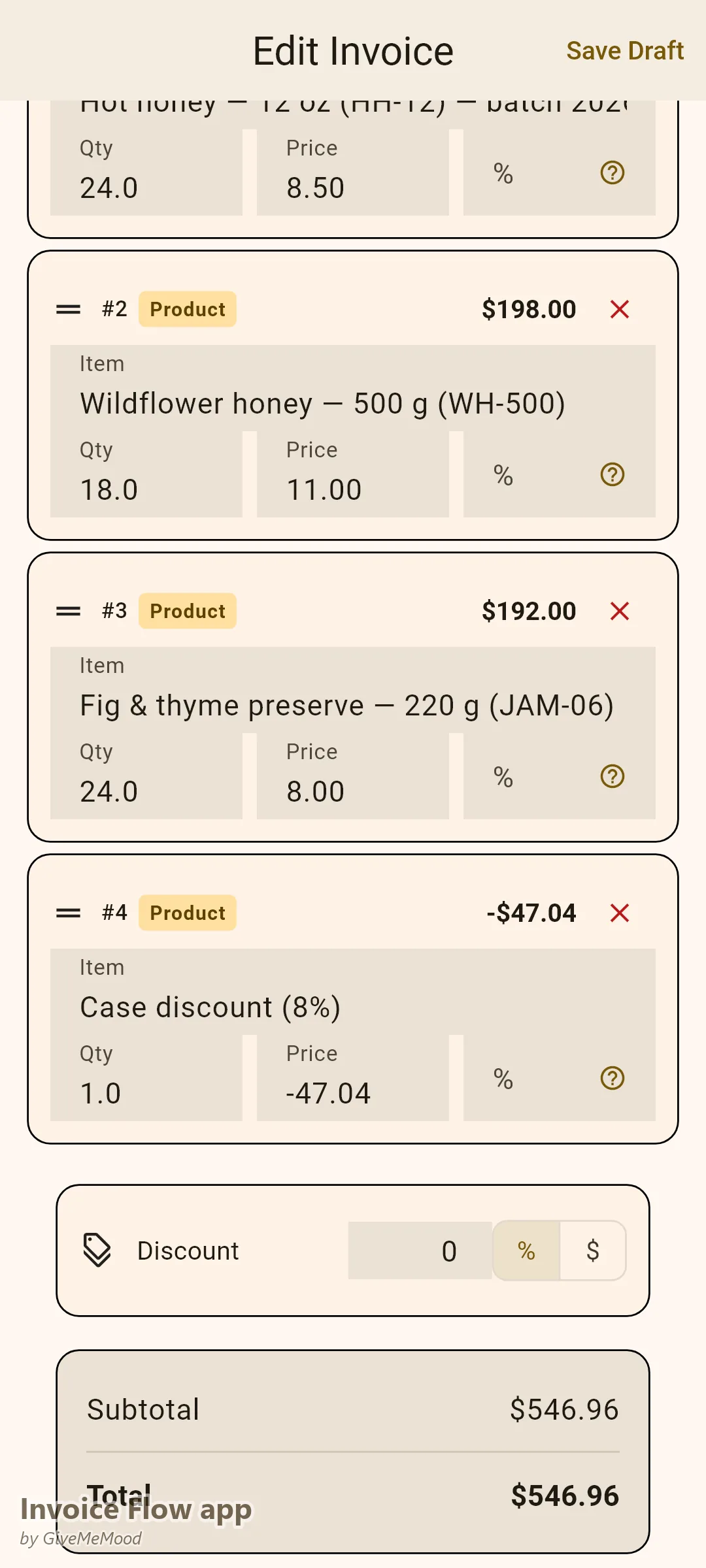 Редактор на фактури в Invoice Flow app на производител на занаятчийски храни — люта мед, полски мед и конфитюри на едро с отстъпка за каса и партидни кодове