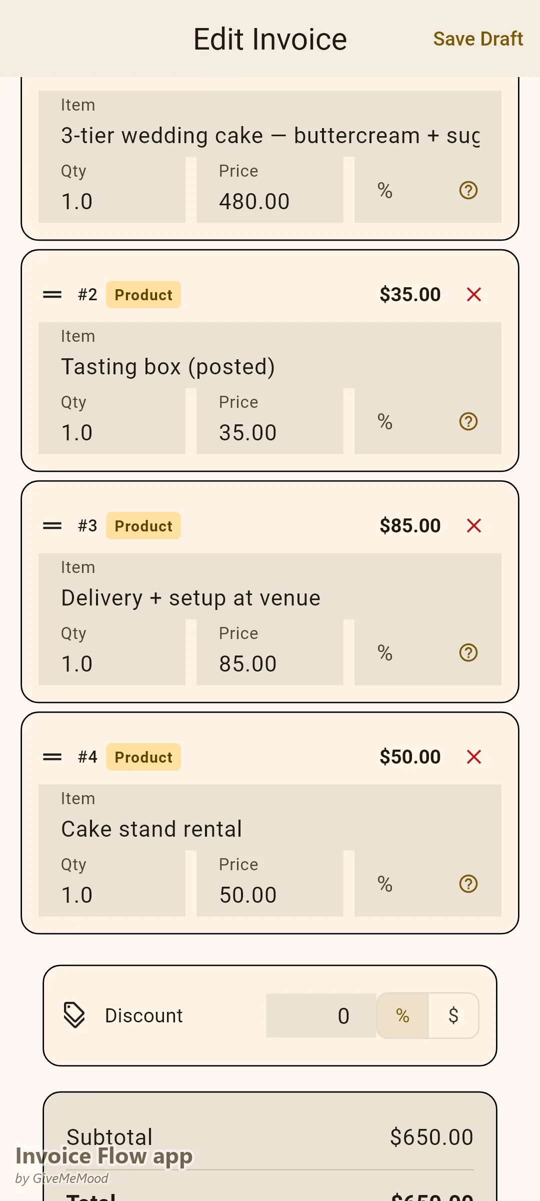 एक बेकरी का Invoice Flow app इनवॉइस एडिटर — एक 3-टियर वेडिंग केक, टेस्टिंग बॉक्स, वेन्यू डिलिवरी और स्टैंड किराया, कस्टम फील्ड में इवेंट तारीख, सर्विंग और डिज़ाइन के साथ