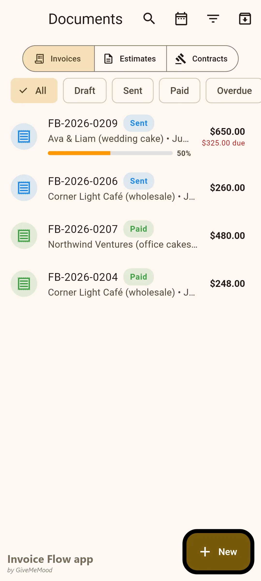 एक बेकरी का Invoice Flow app documents — डिपॉज़िट पर एक वेडिंग केक, एक थोक कैफे ऑर्डर, एक भुगतान किया कॉर्पोरेट ऑफिस-केक प्रोग्राम और एक भुगतान की गई डिलीवरी