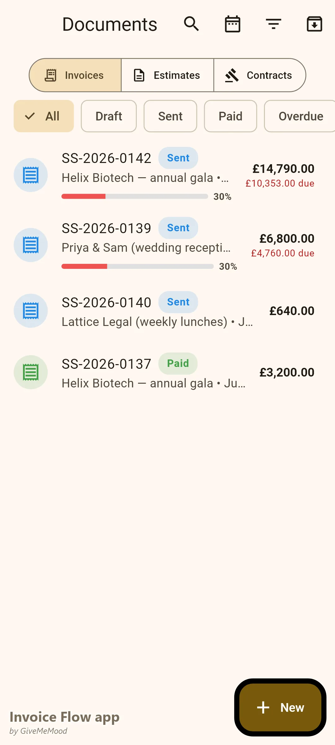 एक केटरिंग कंपनी के Invoice Flow app दस्तावेज़ — डिपॉज़िट पर एक कॉर्पोरेट गाला, डिपॉज़िट पर एक शादी रिसेप्शन, एक साप्ताहिक ऑफिस लंच खाता और एक भुगतान किया गया इवेंट