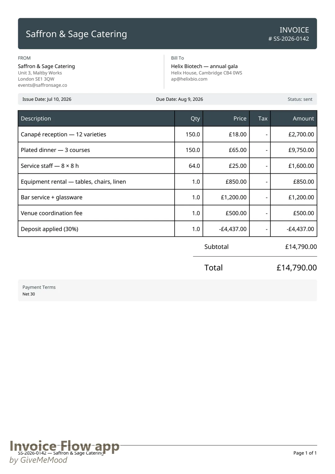 Invoice Flow app द्वारा Professional टेम्पलेट के साथ बनाया गया कॉर्पोरेट गाला इनवॉइस PDF — कैटरर लेटरहेड, प्रति-अतिथि कैटरिंग लाइनें, स्टाफ और रेंटल और GBP में लागू डिपॉज़िट