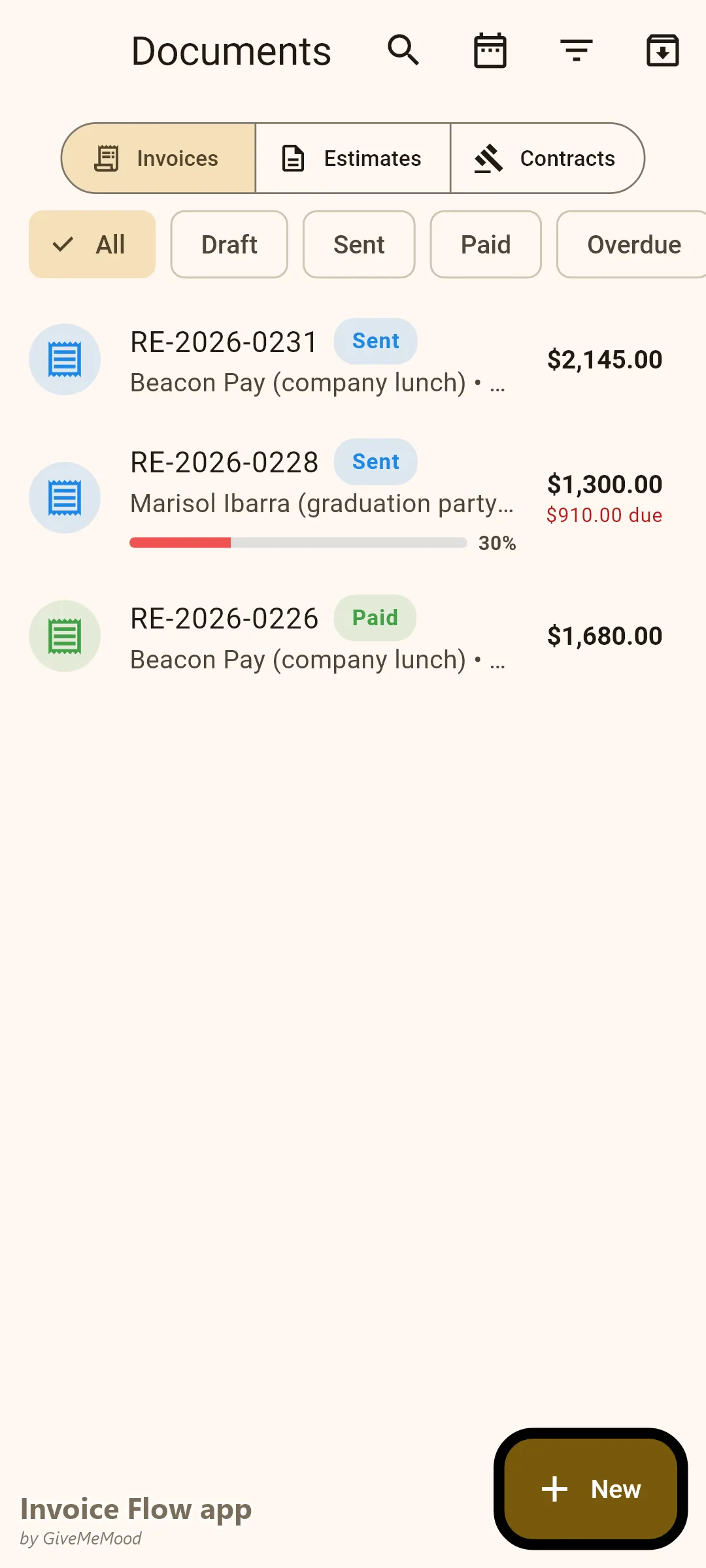 Invoice Flow app 餐车的文档——一次企业午餐预订、一场收了定金的毕业派对、一份节庆形式发票供应商协议和一场已付款演出