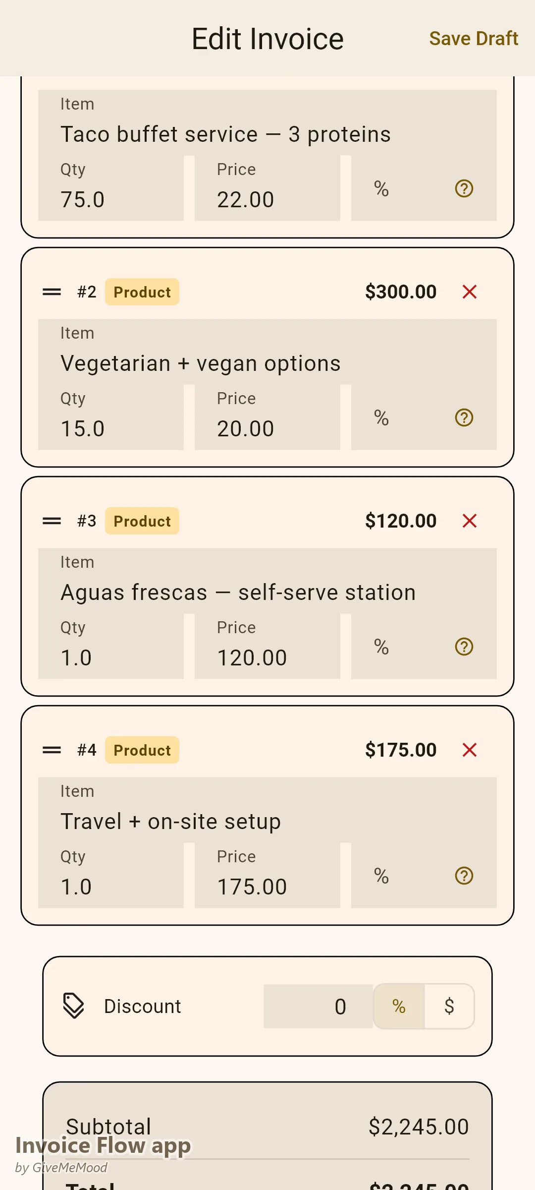 Invoice Flow app 中一辆餐车的发票编辑器——按人计的塔可自助餐、素食选项、饮品站和现场出行费，活动和参考号记于自定义字段