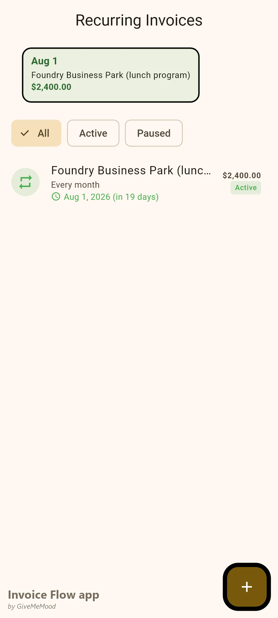 Invoice Flow app 中餐车的周期性发票——一份每月办公园区每日午餐项目，自动开票