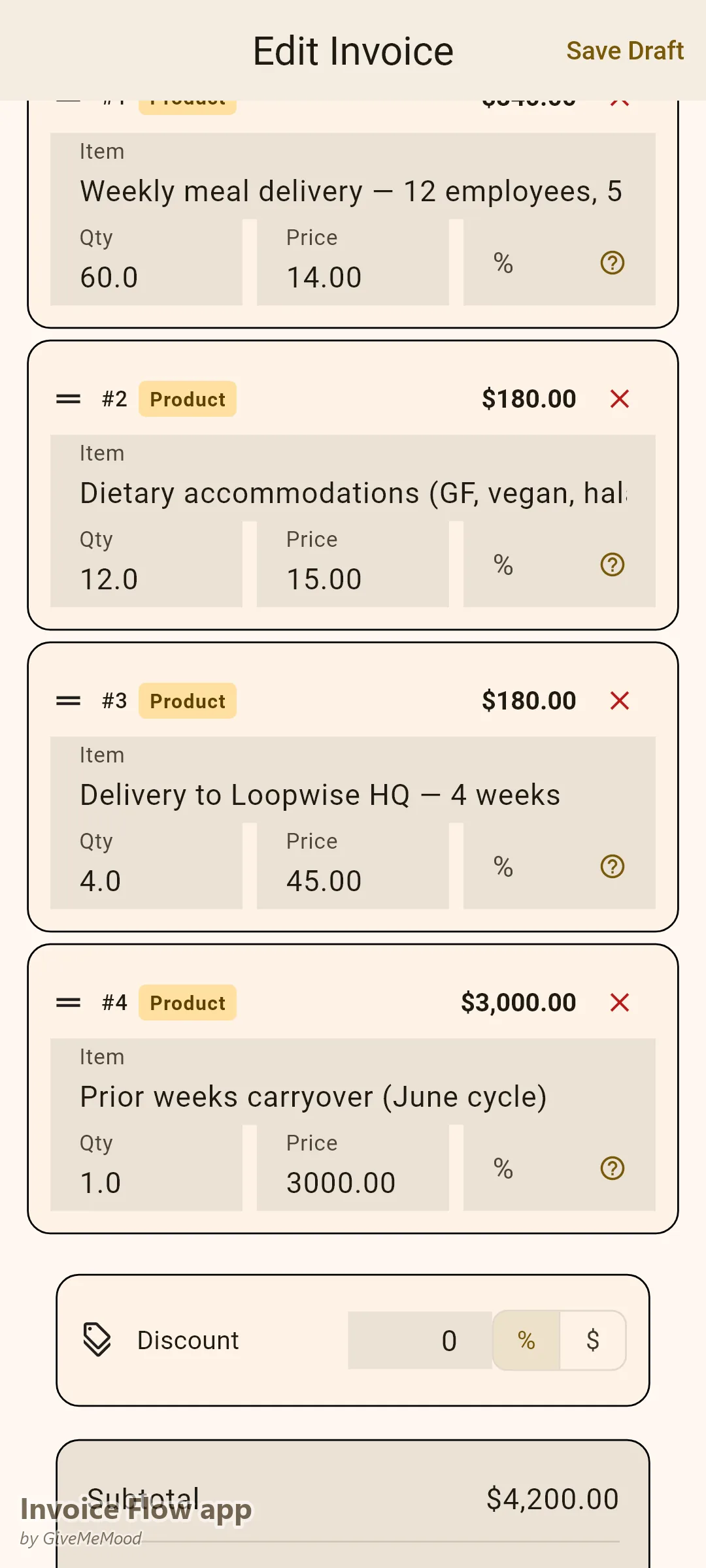 Invoice Flow app invoice editor of a meal-prep service — weekly deliveries for 12 employees, dietary accommodations and delivery with program reference in custom fields