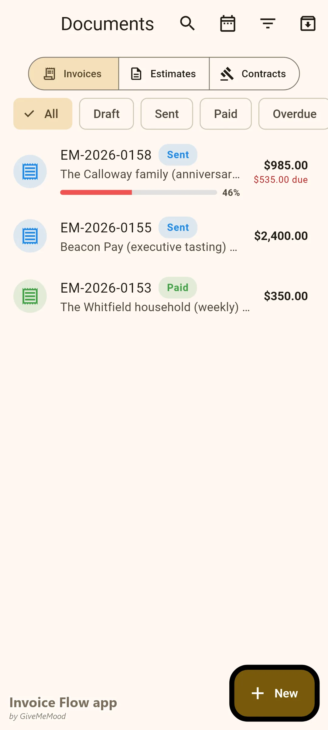 Έγγραφα της εφαρμογής Invoice Flow app ενός προσωπικού σεφ — ένα δείπνο επετείου με προκαταβολή, μια εταιρική εκτελεστική γευσιγνωσία και μια εξοφλημένη εβδομαδιαία οικιακή υπηρεσία