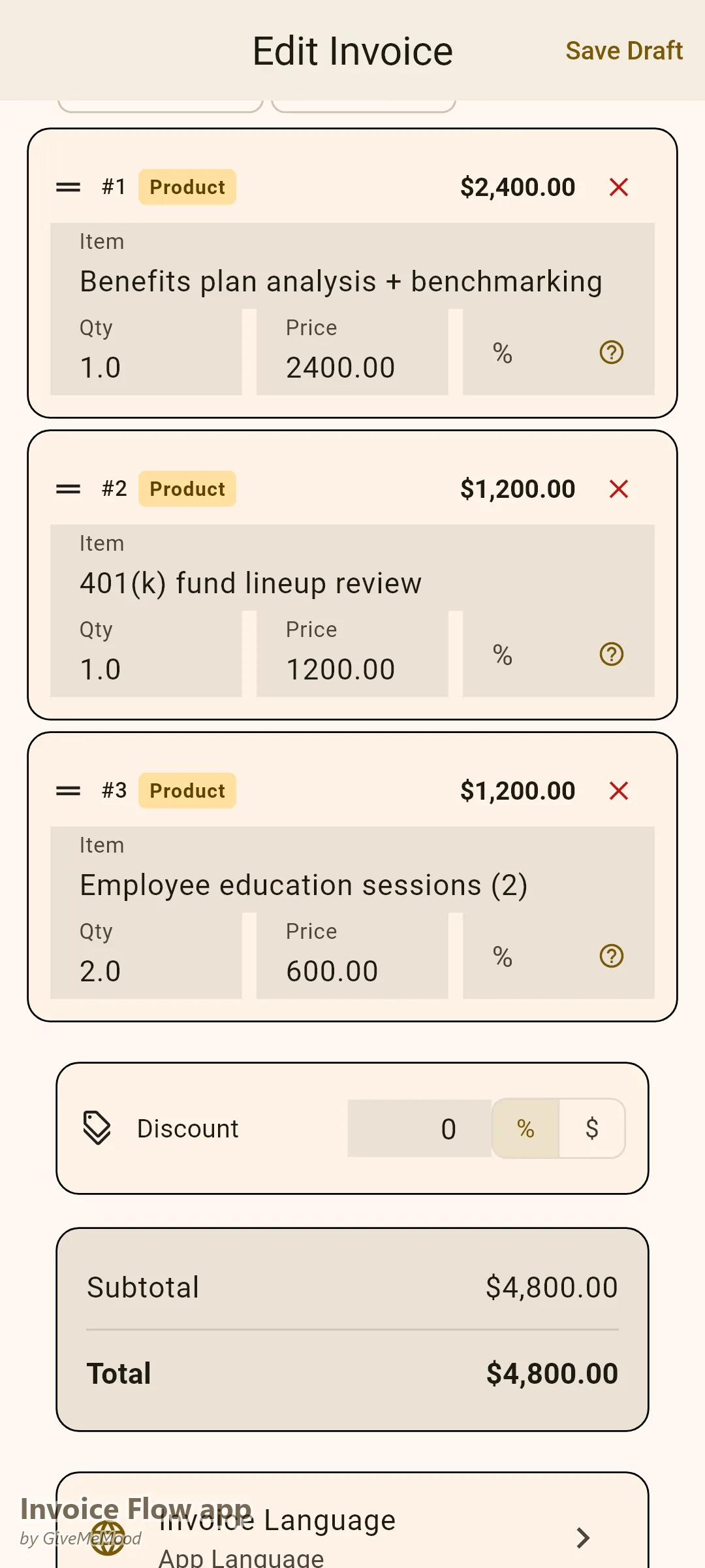 Editor faktury v aplikaci Invoice Flow app u poradce placeného jen za honorář — analýza benefitů, revize skladby fondů 401(k) a vzdělávací sezení pro zaměstnance s referencí ve vlastních polích