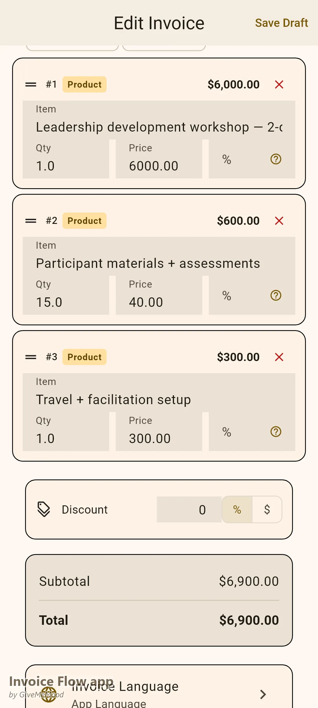 Editor faktury v aplikaci Invoice Flow app u HR konzultanta — 2denní leadership workshop, materiály na účastníka a cestovné za facilitaci s programem a kódem L&D ve vlastních polích