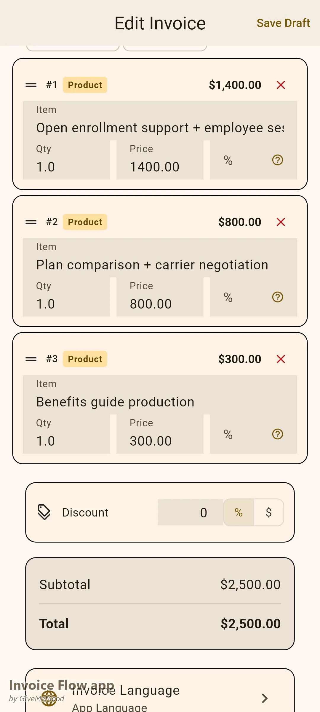 Editor di fattura di Invoice Flow app di un broker assicurativo — supporto all'open enrollment, confronto piani e una guida ai benefit come compenso di consulenza con una nota che i premi delle compagnie sono fatturati separatamente