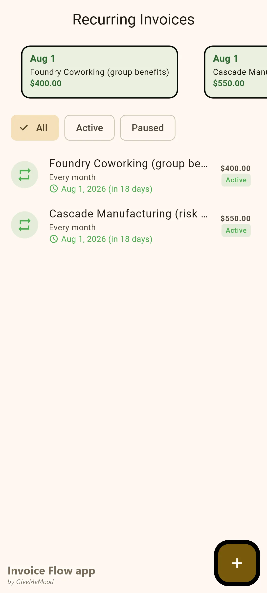 Fatture ricorrenti dell'app Invoice Flow di un consulente assicurativo — un retainer mensile di amministrazione benefit e una consulenza mensile di risk management