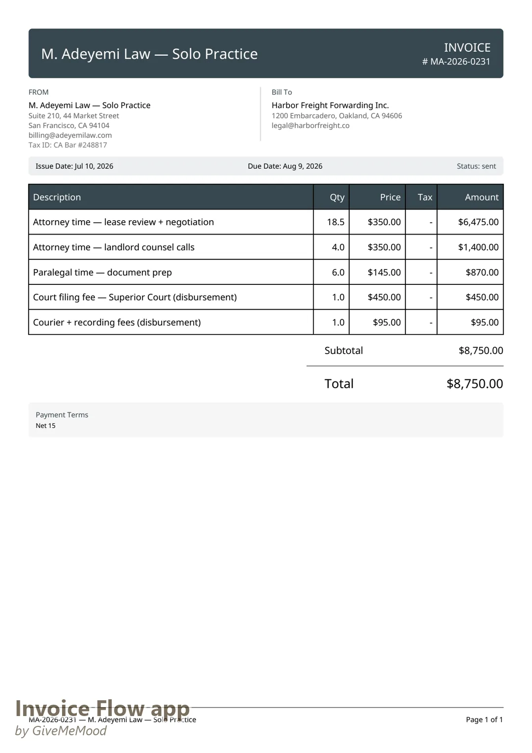Faktura for en juridisk sag som PDF genereret af Invoice Flow app med Professional-skabelonen — firmabrevhoved, advokat- og paralegal-tid, retsudlæg og sagsnummeret