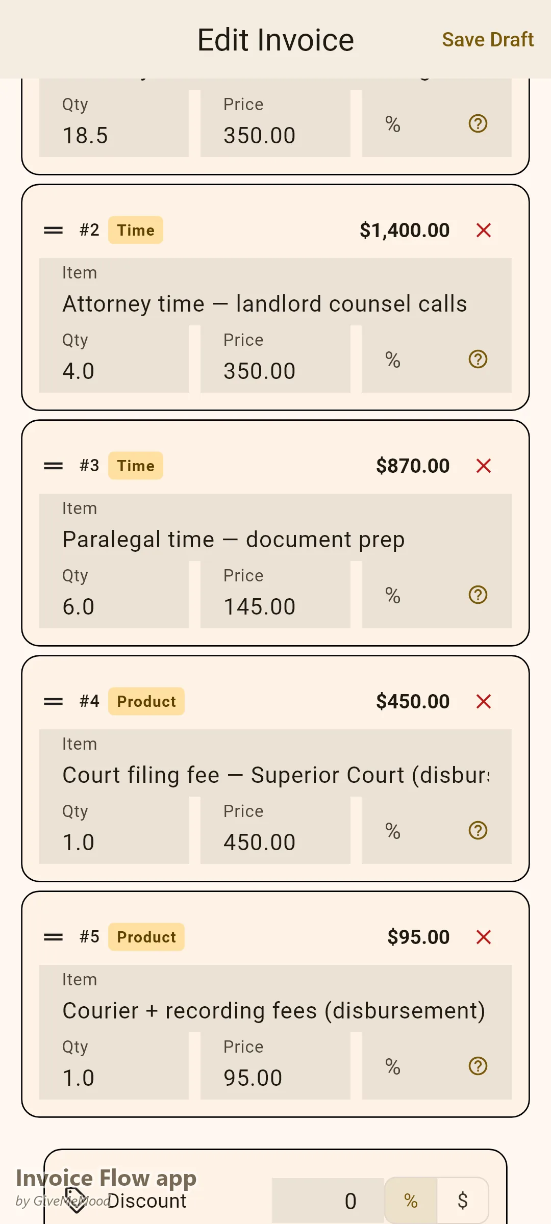 Invoice Flow app fakturaeditor for en solo-advokat — advokat- og paralegal-timer plus retsgebyr og kurér-udlæg med sagsnummer og advokatnummer i brugerdefinerede felter