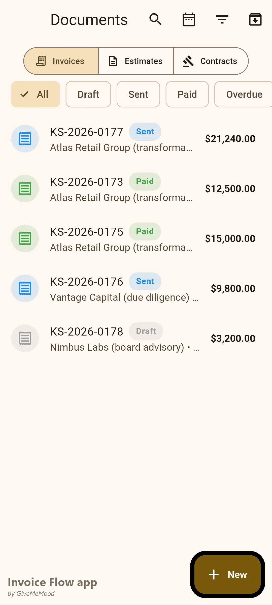 Dokumenty v Invoice Flow app pro konzultanta — zaplacené fáze discovery a strategie, odeslaná implementační fáze, projekt due diligence a rozpracované poradenství pro představenstvo