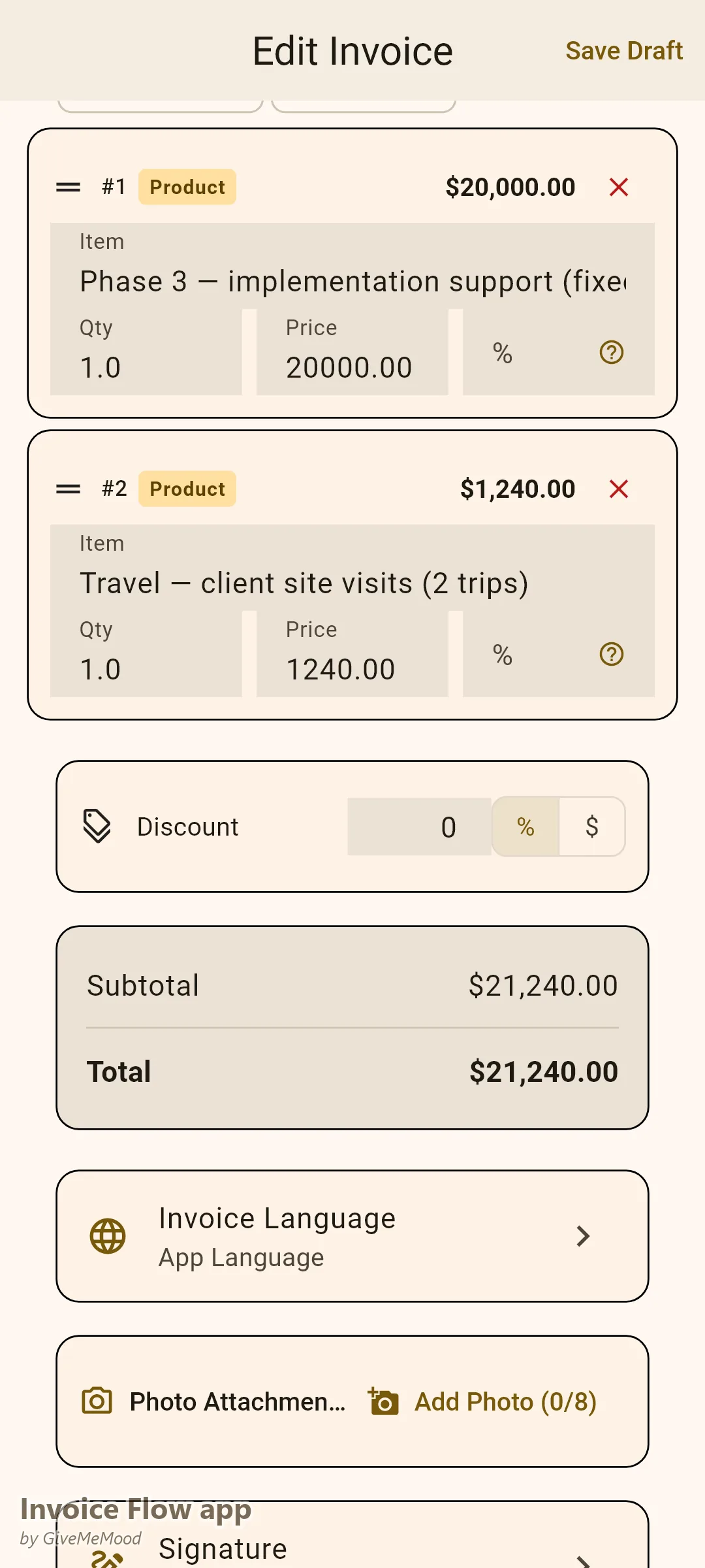 Editor faktury v aplikaci Invoice Flow app u manažerského konzultanta — fáze implementační podpory jako pevný honorář plus proplatitelné cestovné s projektem, fází a číslem PO ve vlastních polích