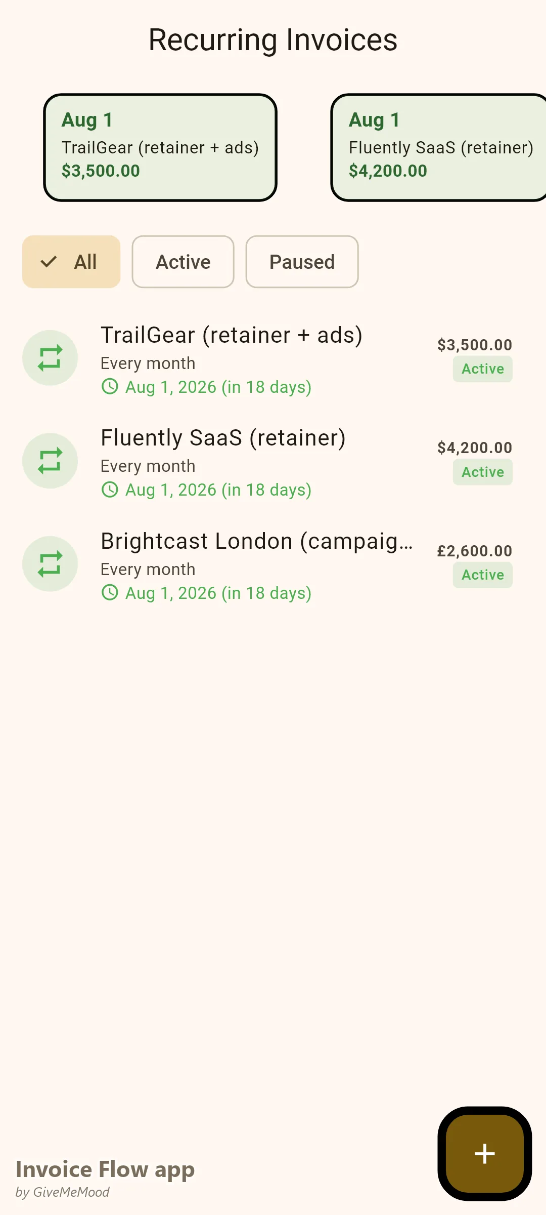 Invoice Flow app recurring invoices of a marketing agency — SEO, growth and social retainers across USD and GBP clients