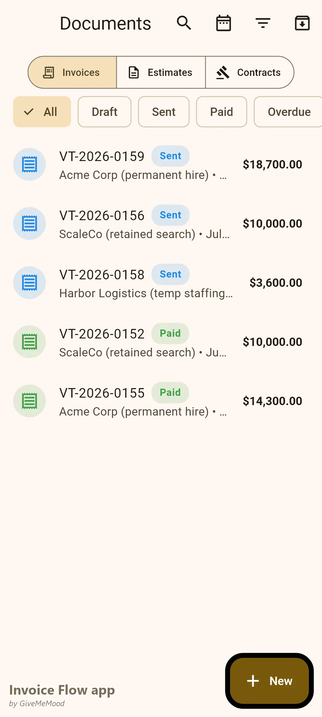 एक रिक्रूटमेंट एजेंसी का Invoice Flow app documents — एक स्थायी प्लेसमेंट फीस, एक रिटेन्ड-सर्च ट्रांच, एक साप्ताहिक टेम्प-स्टाफिंग इनवॉइस और भुगतान किया काम