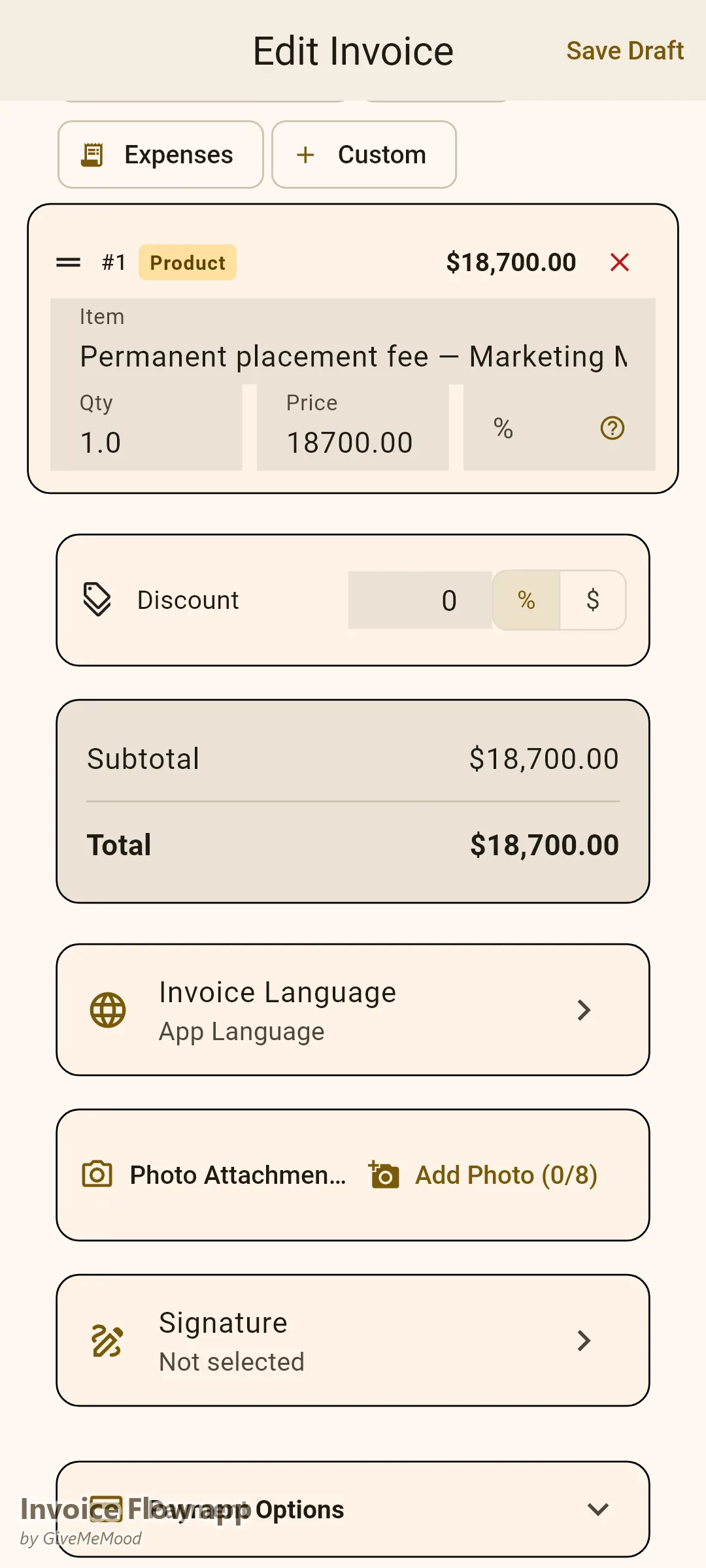 एक रिक्रूटर का Invoice Flow app इनवॉइस एडिटर — कस्टम फील्ड में कैंडिडेट स्टार्ट तारीख, वेतन और एक 90-दिन गारंटी अवधि के साथ एक 22% स्थायी प्लेसमेंट फीस