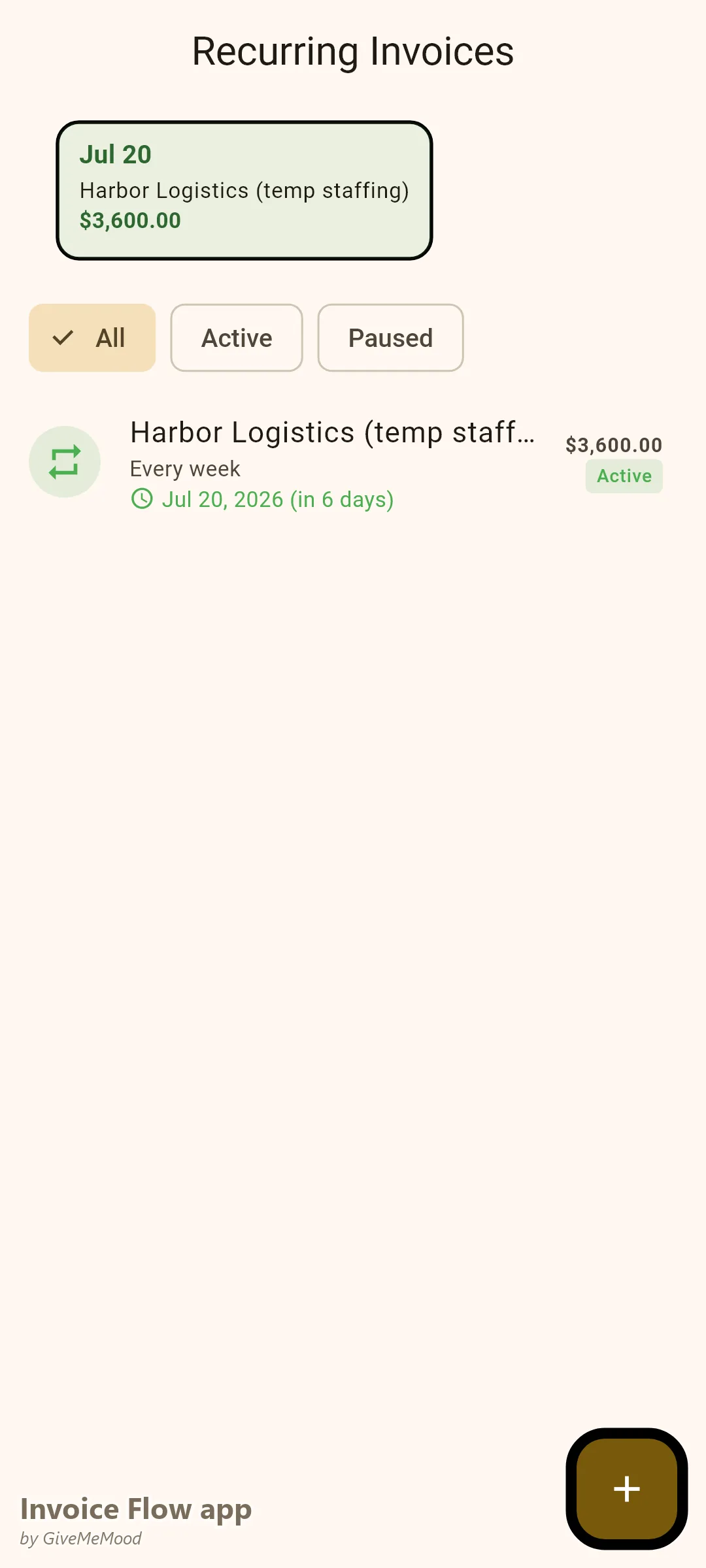 एक रिक्रूटर की Invoice Flow app रिकरिंग इनवॉइस — प्रति घंटा वेयरहाउस एसोसिएट्स के लिए एक साप्ताहिक टेम्प-स्टाफिंग इनवॉइस