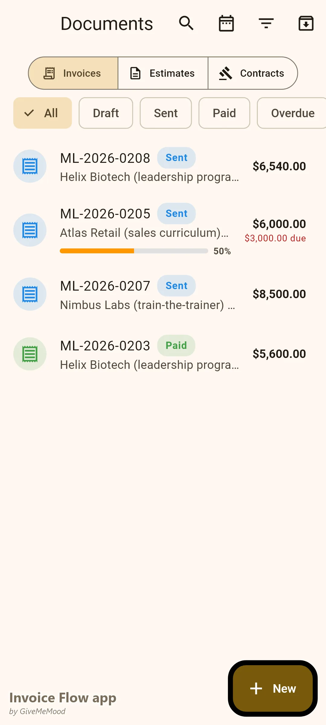 एक कॉर्पोरेट ट्रेनर का Invoice Flow app documents — एक वर्कशॉप डिलीवरी, डिपॉज़िट पर एक करिकुलम डेवलपमेंट फेज़, एक ट्रेन-द-ट्रेनर प्रोग्राम और एक भुगतान की गई वर्कशॉप