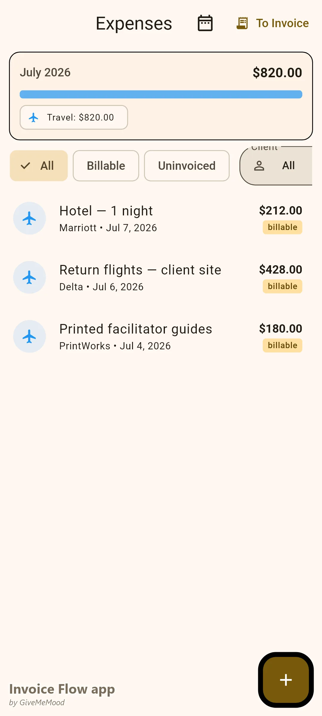 एक कॉर्पोरेट ट्रेनर का Invoice Flow app व्यय ट्रैकर, क्लाइंट्स पर टैग की गई बिल-योग्य फ्लाइट, होटल और प्रिंटेड फैसिलिटेटर गाइड के साथ