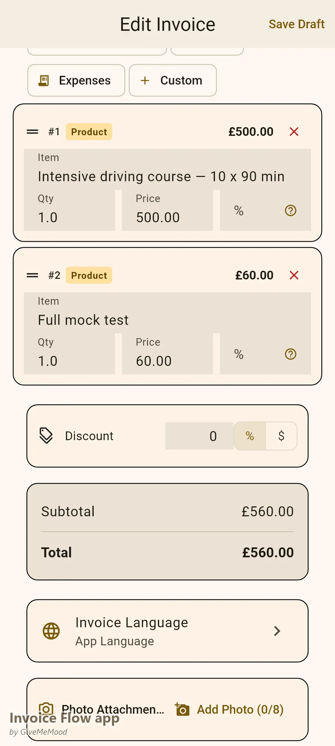 Invoice Flow app Rechnungseditor eines Fahrlehrers — ein 10-Stunden-Intensivkurs und eine Prüfungssimulation mit protokollierten Stunden in benutzerdefinierten Feldern, vollständig bezahlt